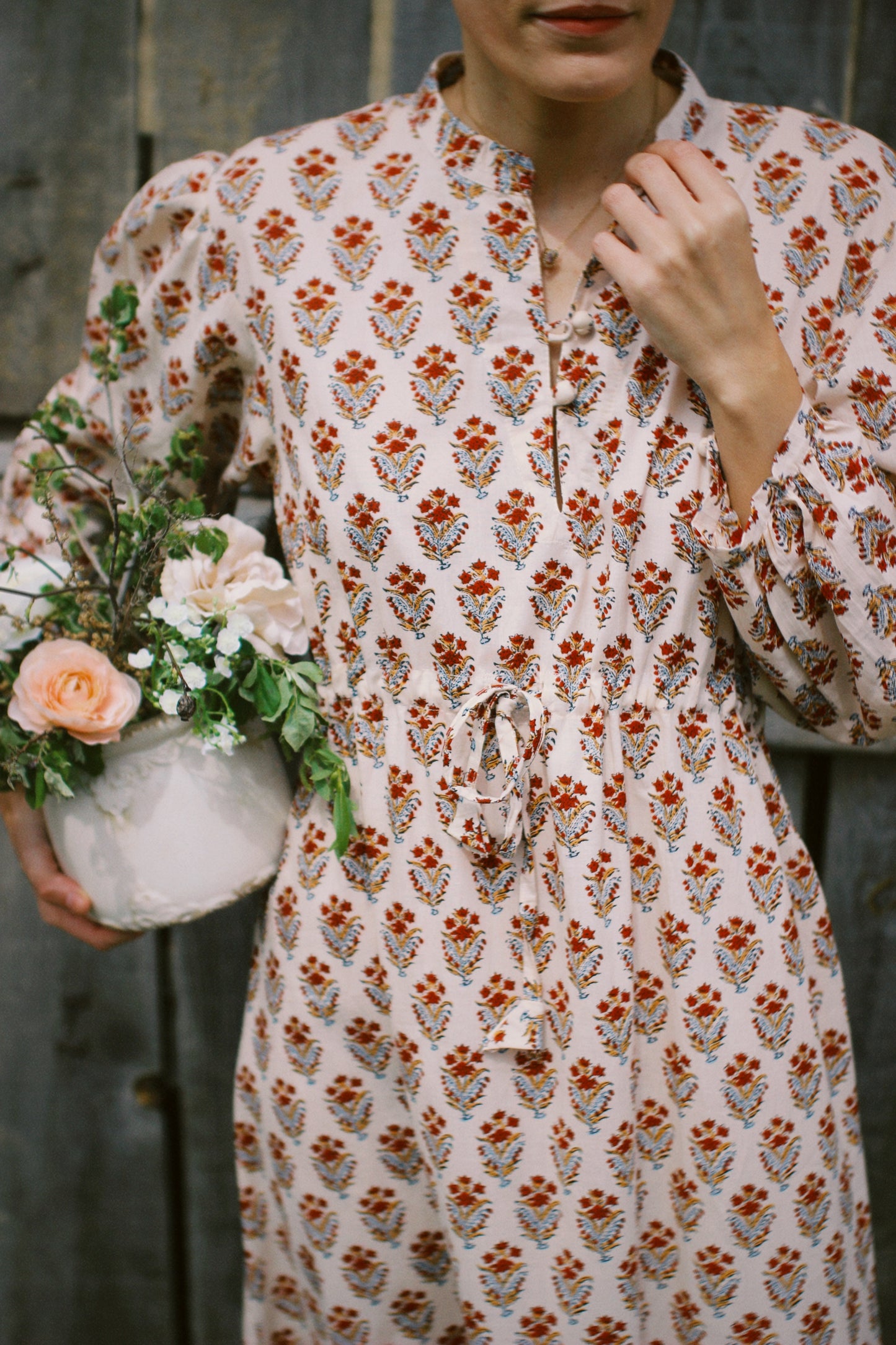 LONG FLORAL BLOCK PRINT BEIGE RED DRESS