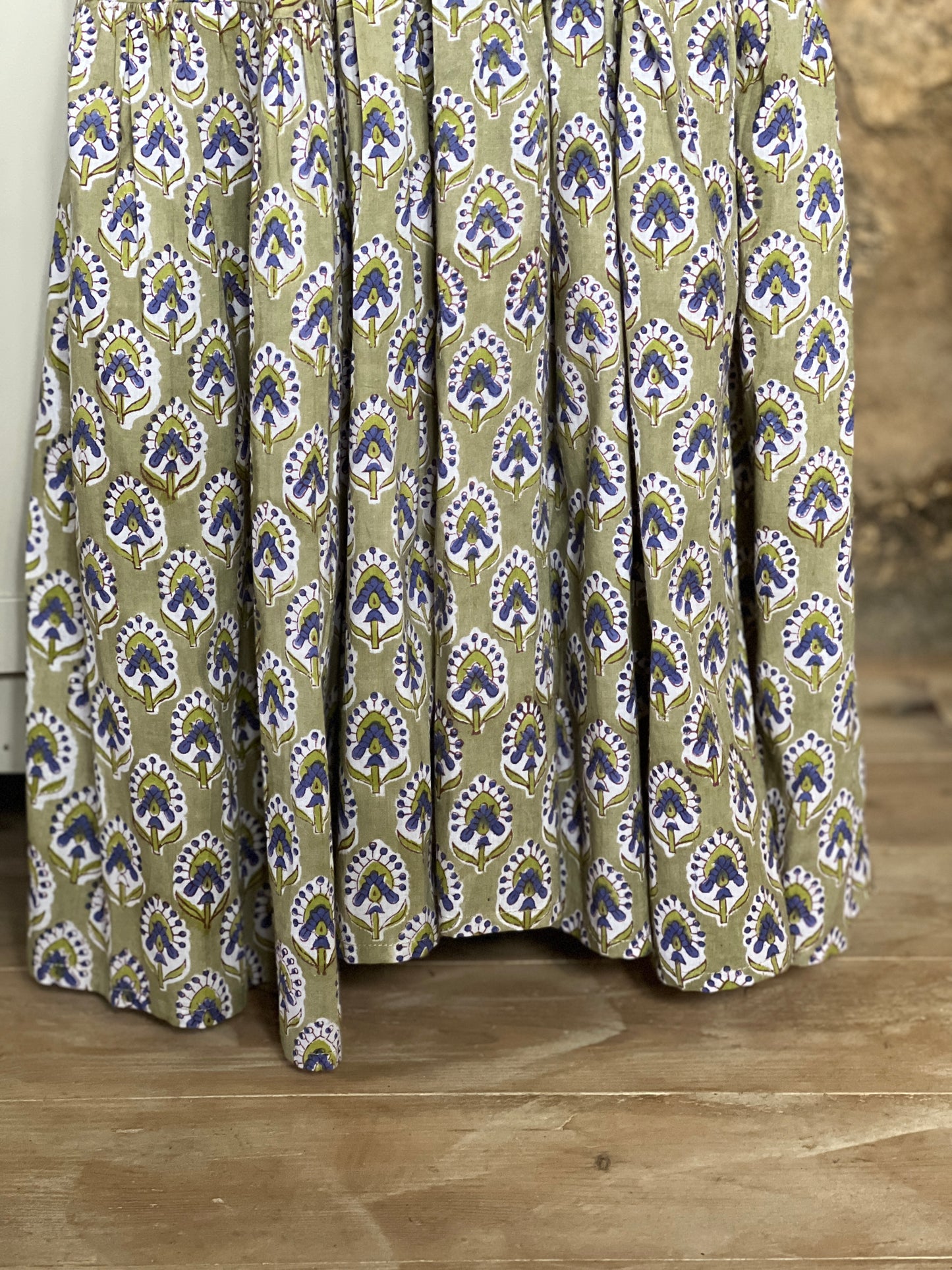 LONG FLORAL BLOCK PRINT GREEN DRESS