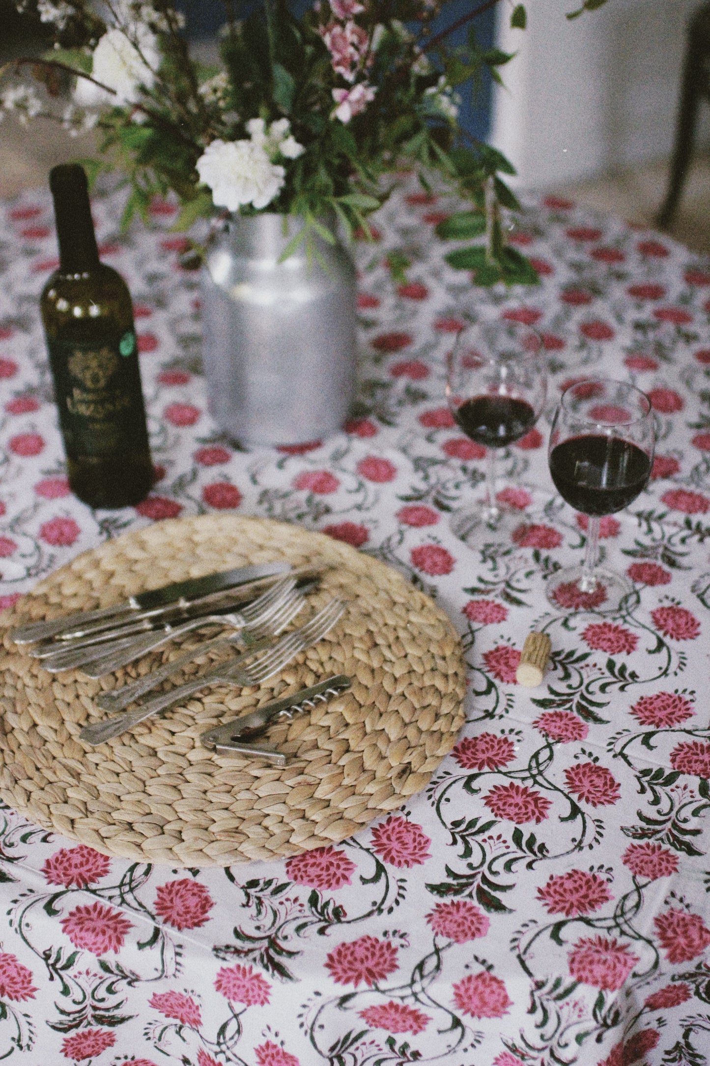 BLOCK PRINT FLORAL TABLECLOTH PINK GREEN