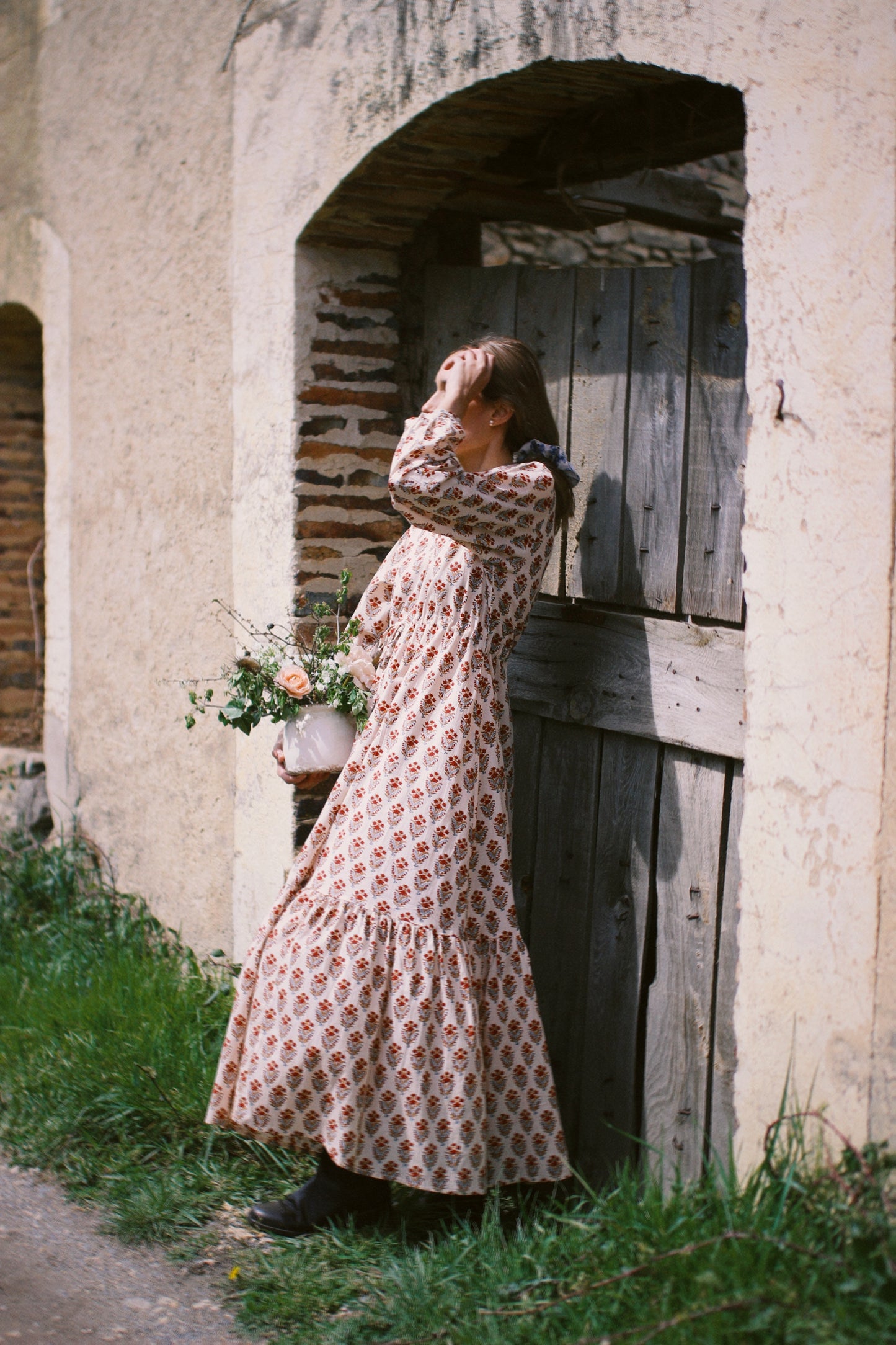 LONG FLORAL BLOCK PRINT BEIGE RED DRESS