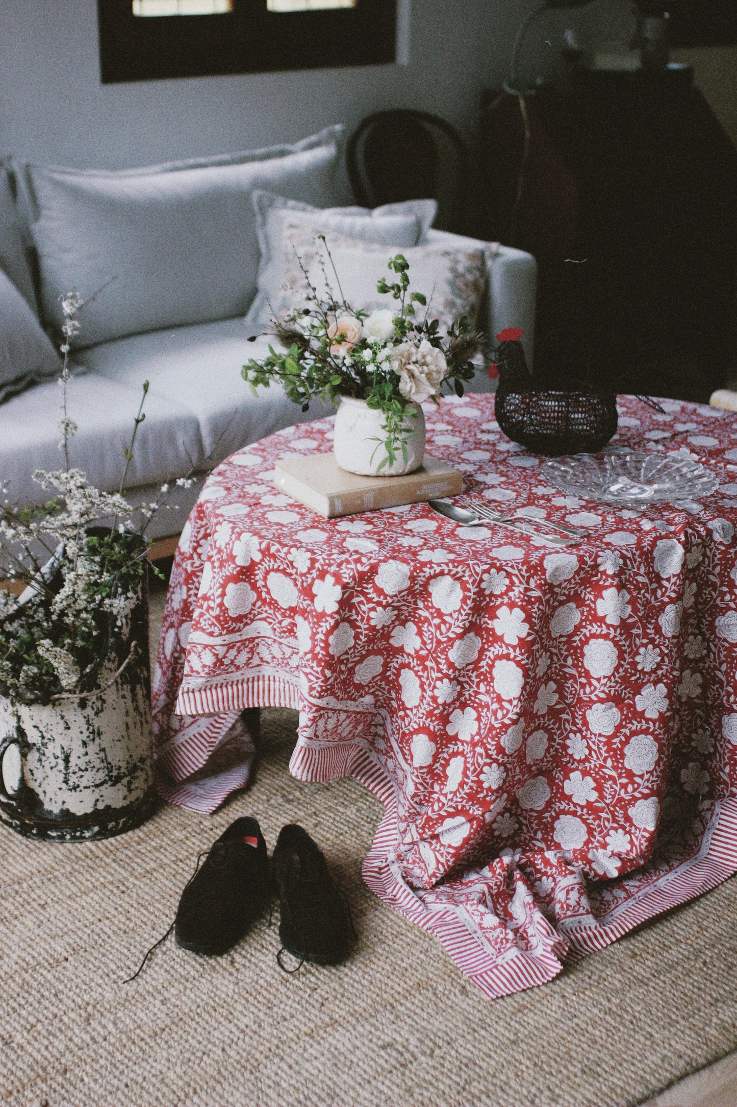 FLORAL BLOCK PRINT GARNET TABLECLOTH