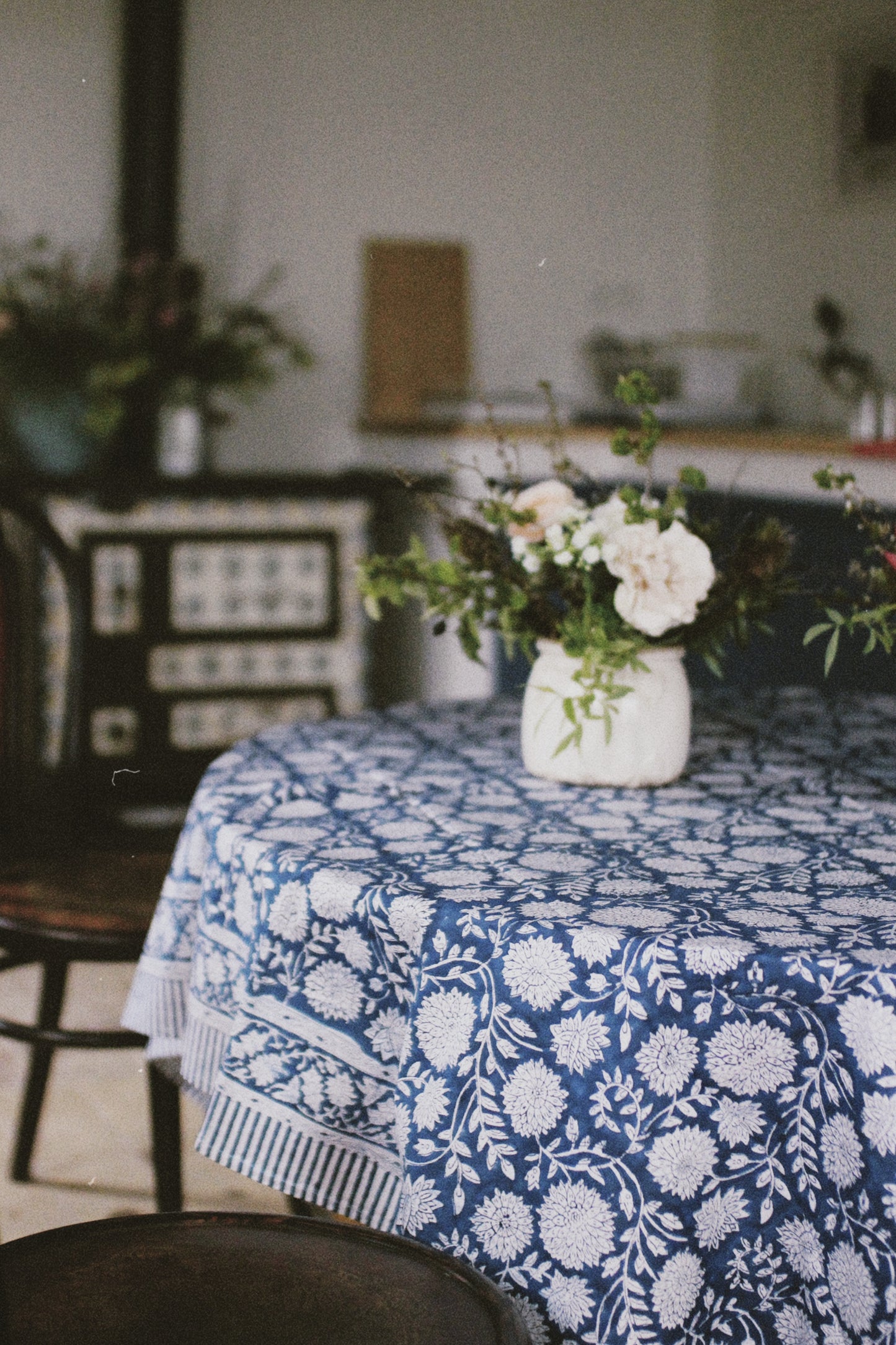 BLOCK PRINT FLORAL TABLECLOTH COBALT BLUE