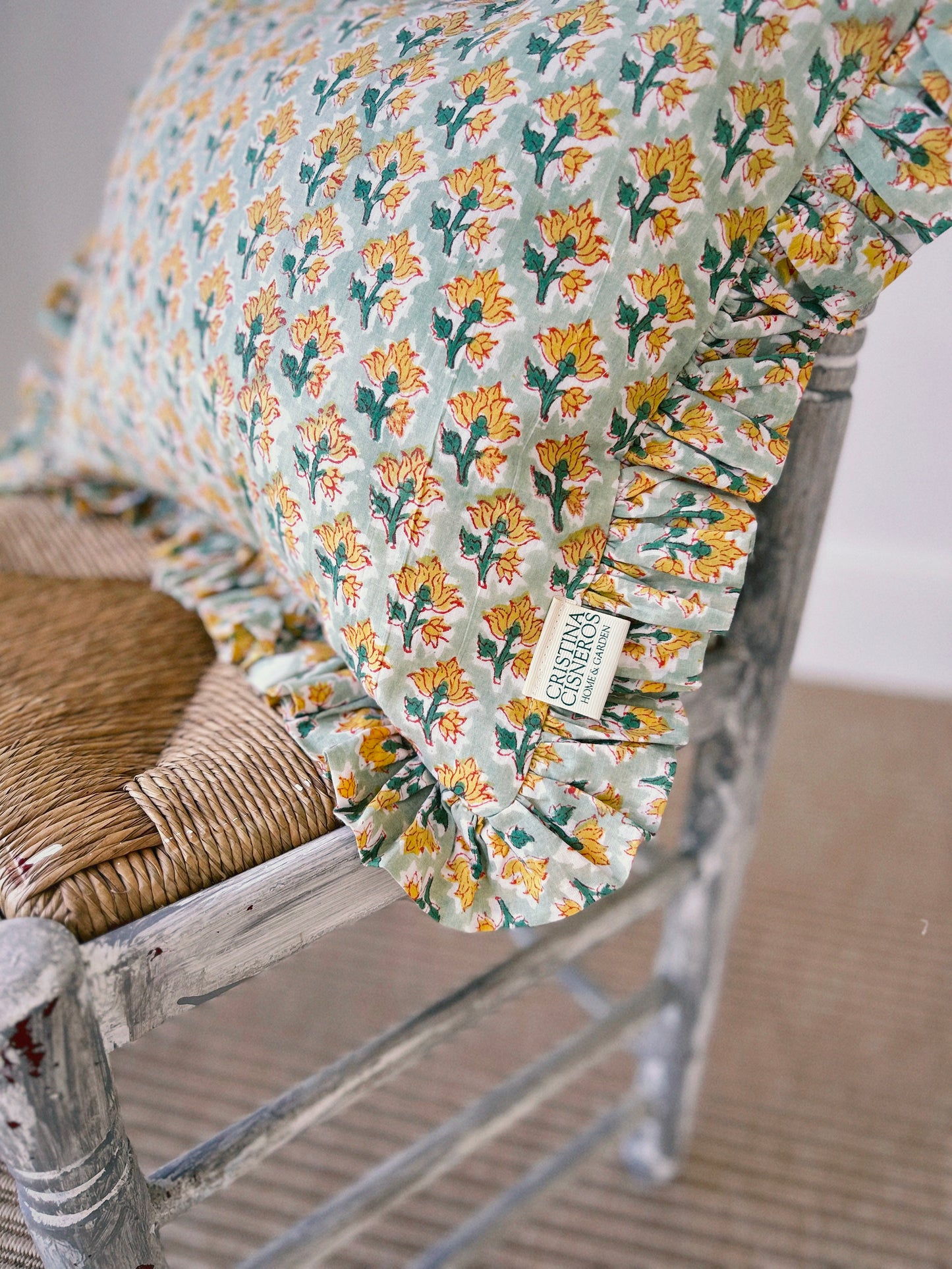 CUSHION RUFFLES BLOCK PRINT FLORAL GREEN YELLOW