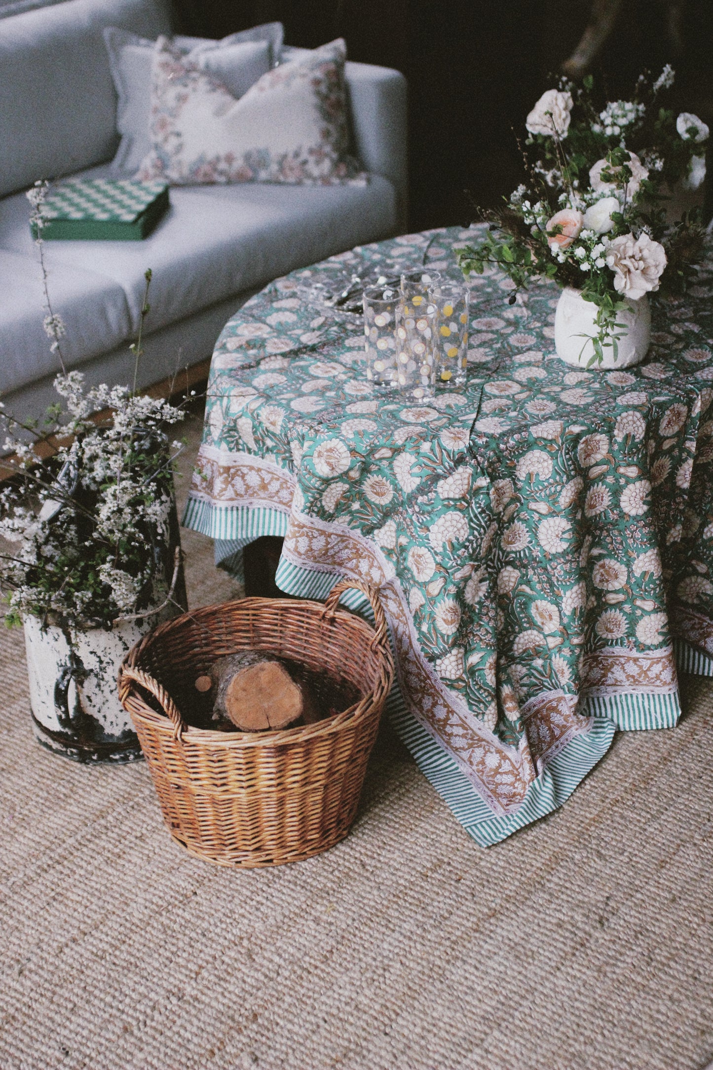 FLORAL TABLECLOTH BLOCK PRINT TURQUOISE GREEN
