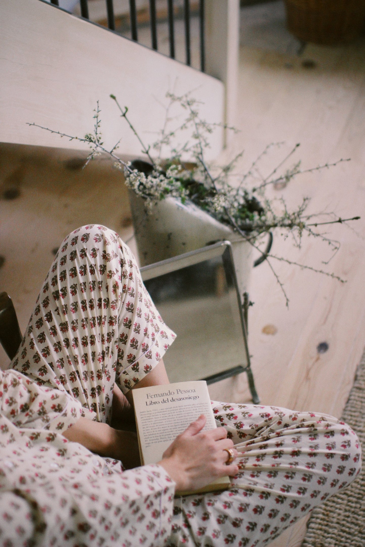 BLOCK PRINT LONG SLEEVE PAJAMAS BEIGE PINK