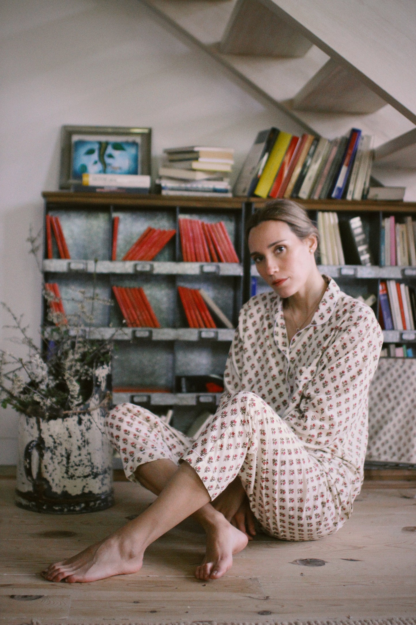 BLOCK PRINT LONG SLEEVE PAJAMAS BEIGE PINK