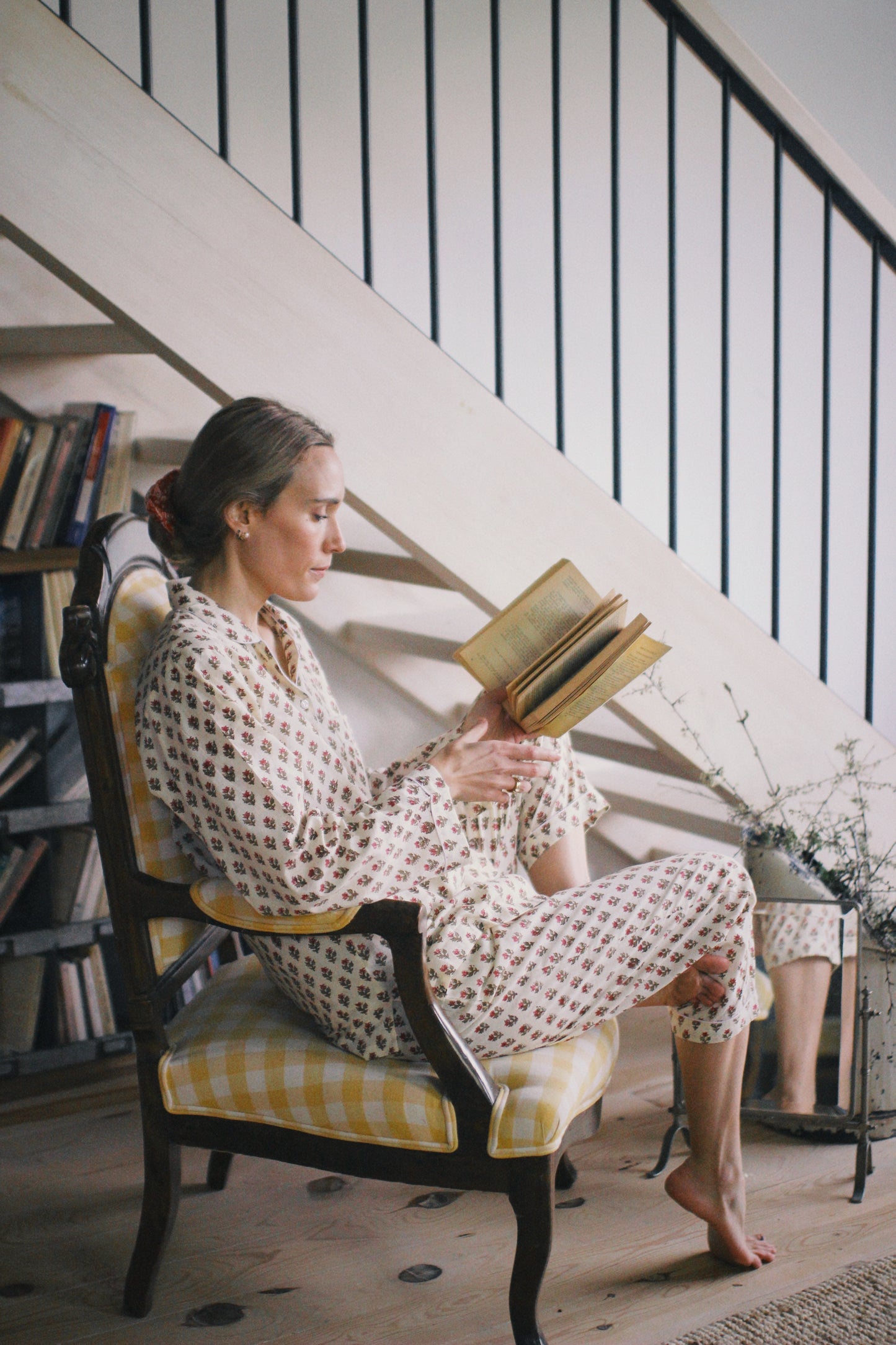 BLOCK PRINT LONG SLEEVE PAJAMAS BEIGE PINK