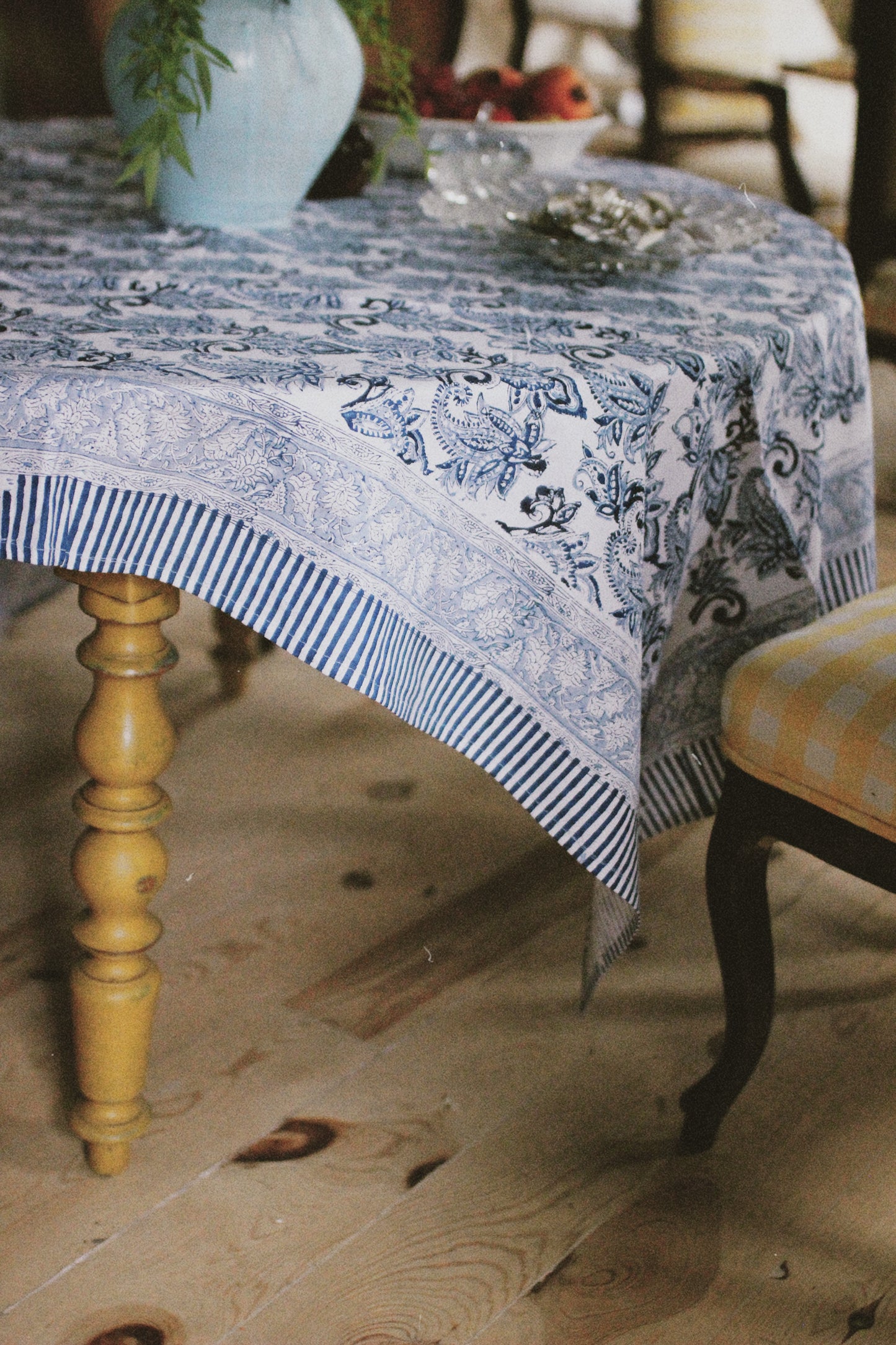 BLUE FLORAL BLOCK PRINT TABLECLOTH