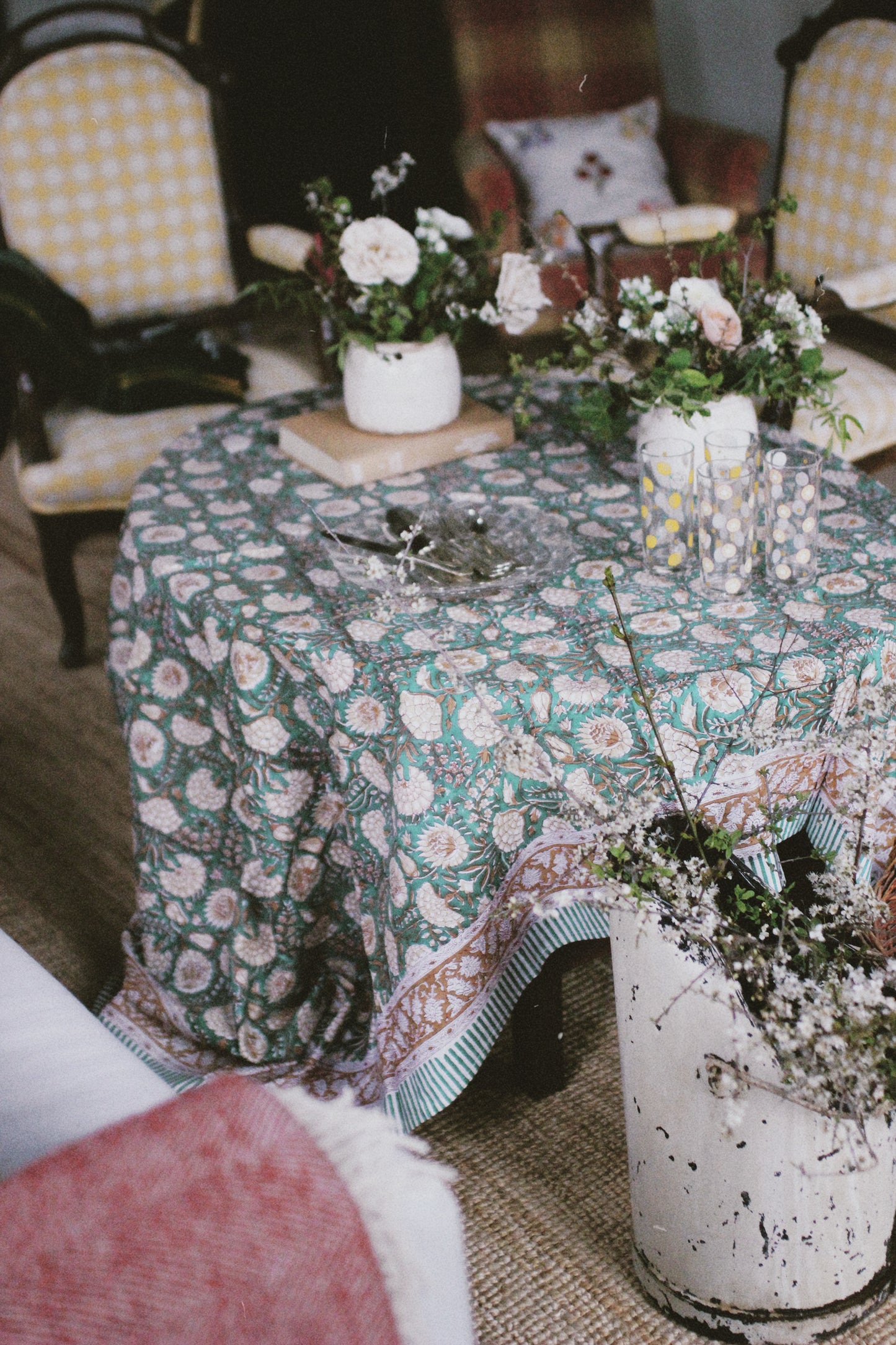 FLORAL TABLECLOTH BLOCK PRINT TURQUOISE GREEN