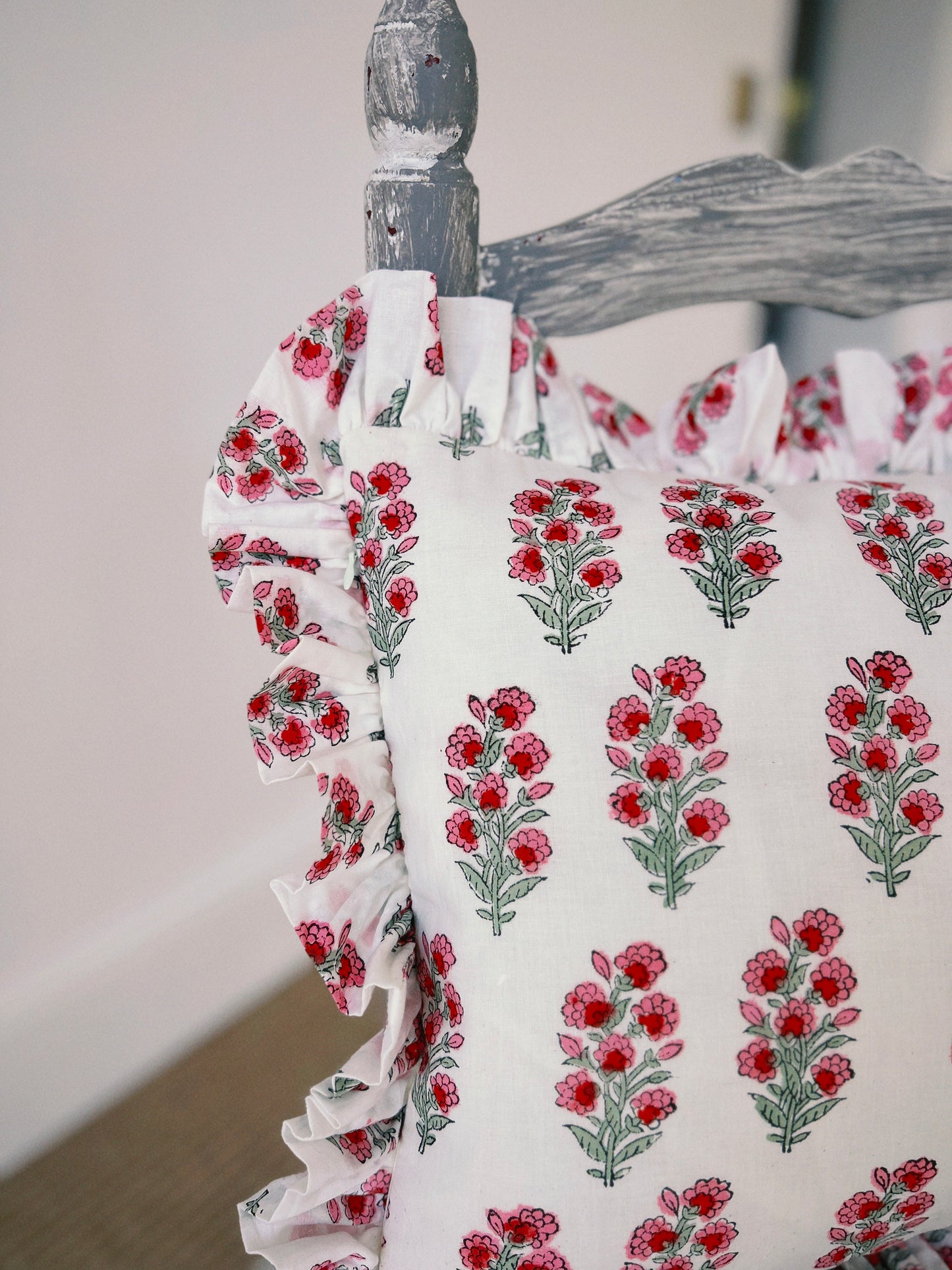 BLOCK PRINT FLORAL Ruffle Cushion XXX