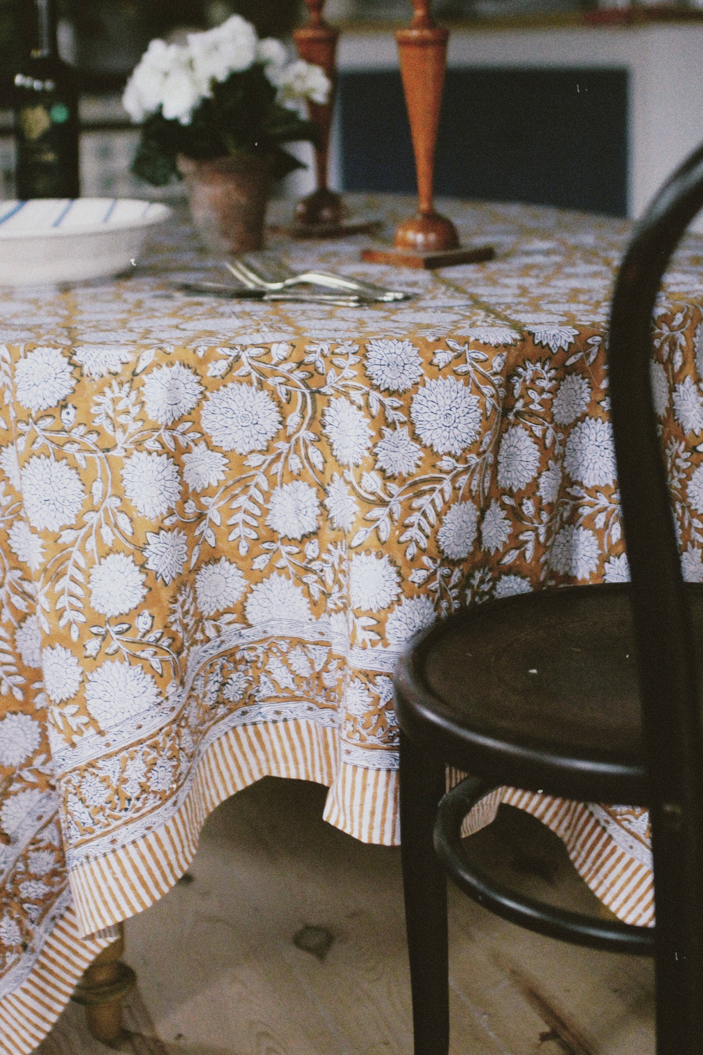 FLORAL TABLECLOTH BLOCK PRINT YELLOW OCHER