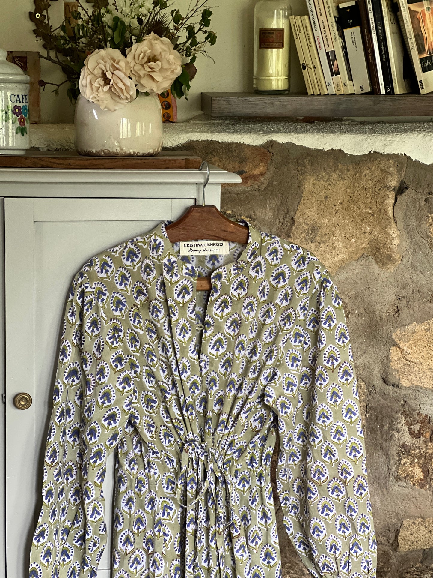 LONG FLORAL BLOCK PRINT GREEN DRESS