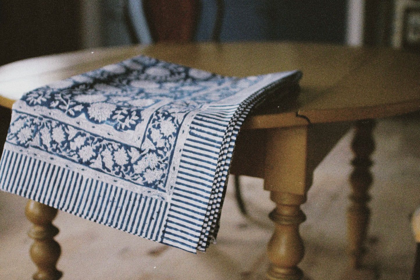 BLOCK PRINT FLORAL TABLECLOTH COBALT BLUE