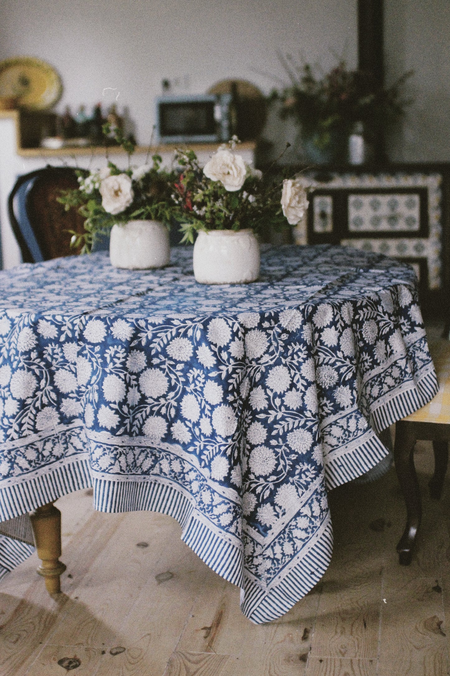 BLOCK PRINT FLORAL TABLECLOTH COBALT BLUE