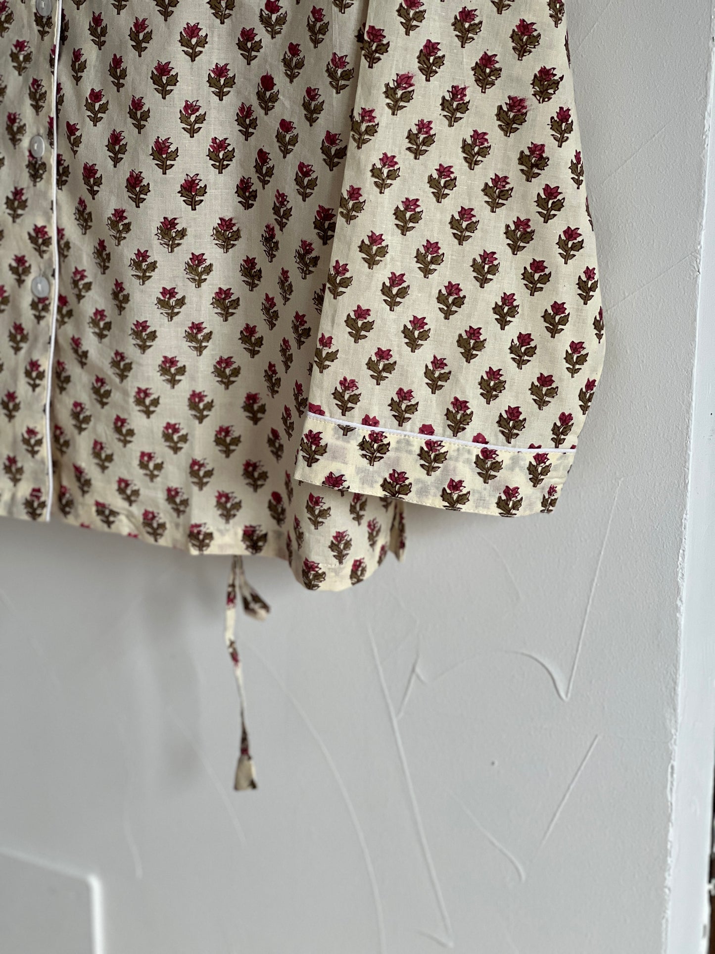 BLOCK PRINT LONG SLEEVE PAJAMAS BEIGE PINK