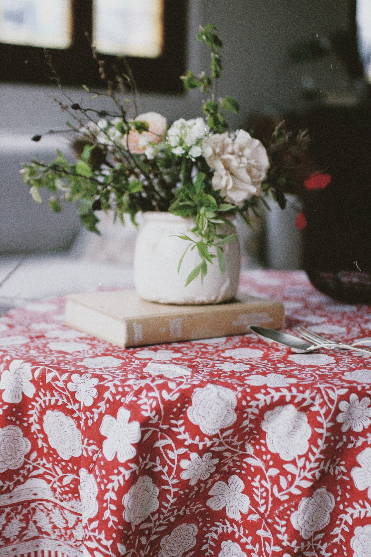 FLORAL BLOCK PRINT GARNET TABLECLOTH