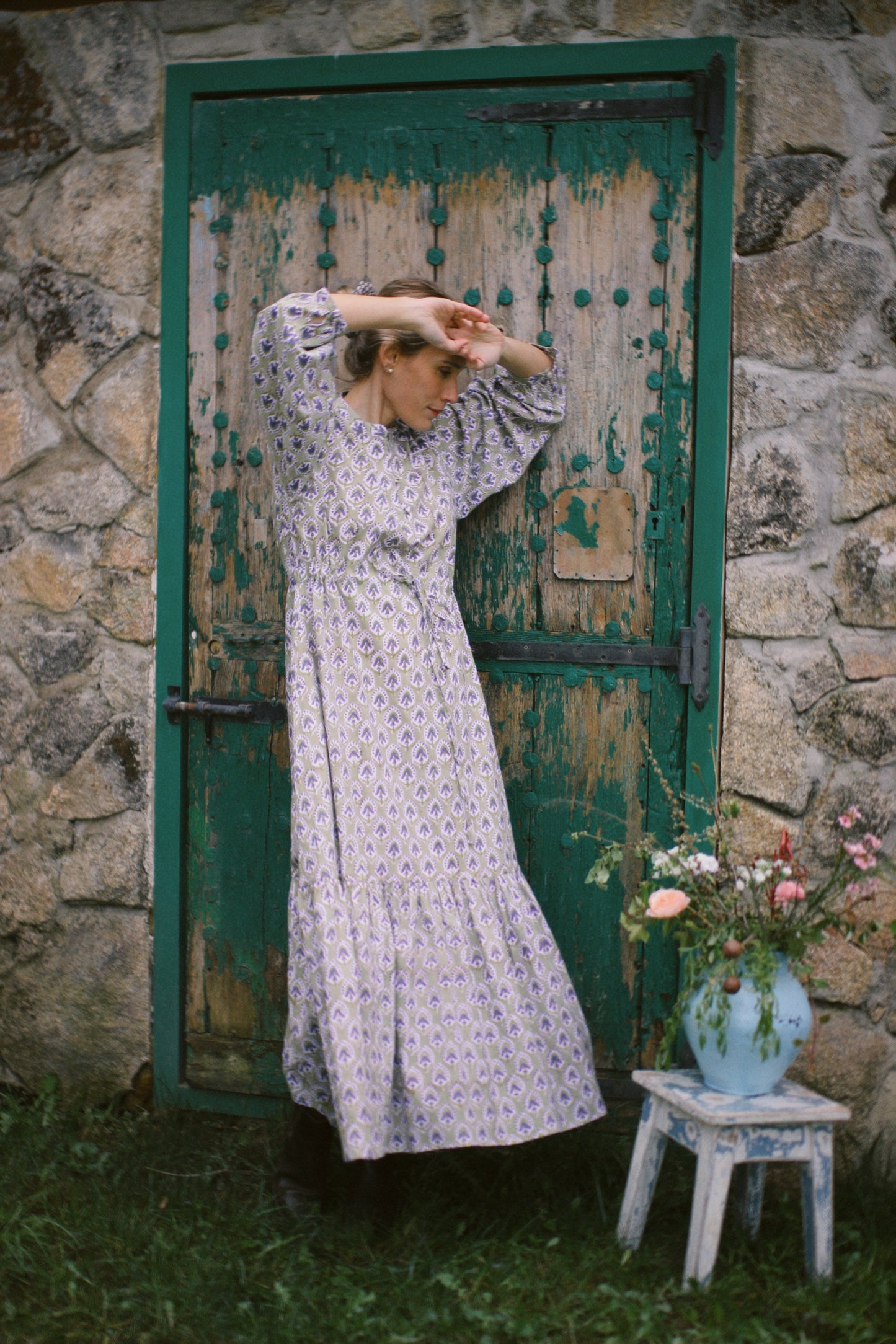 LONG FLORAL BLOCK PRINT GREEN DRESS