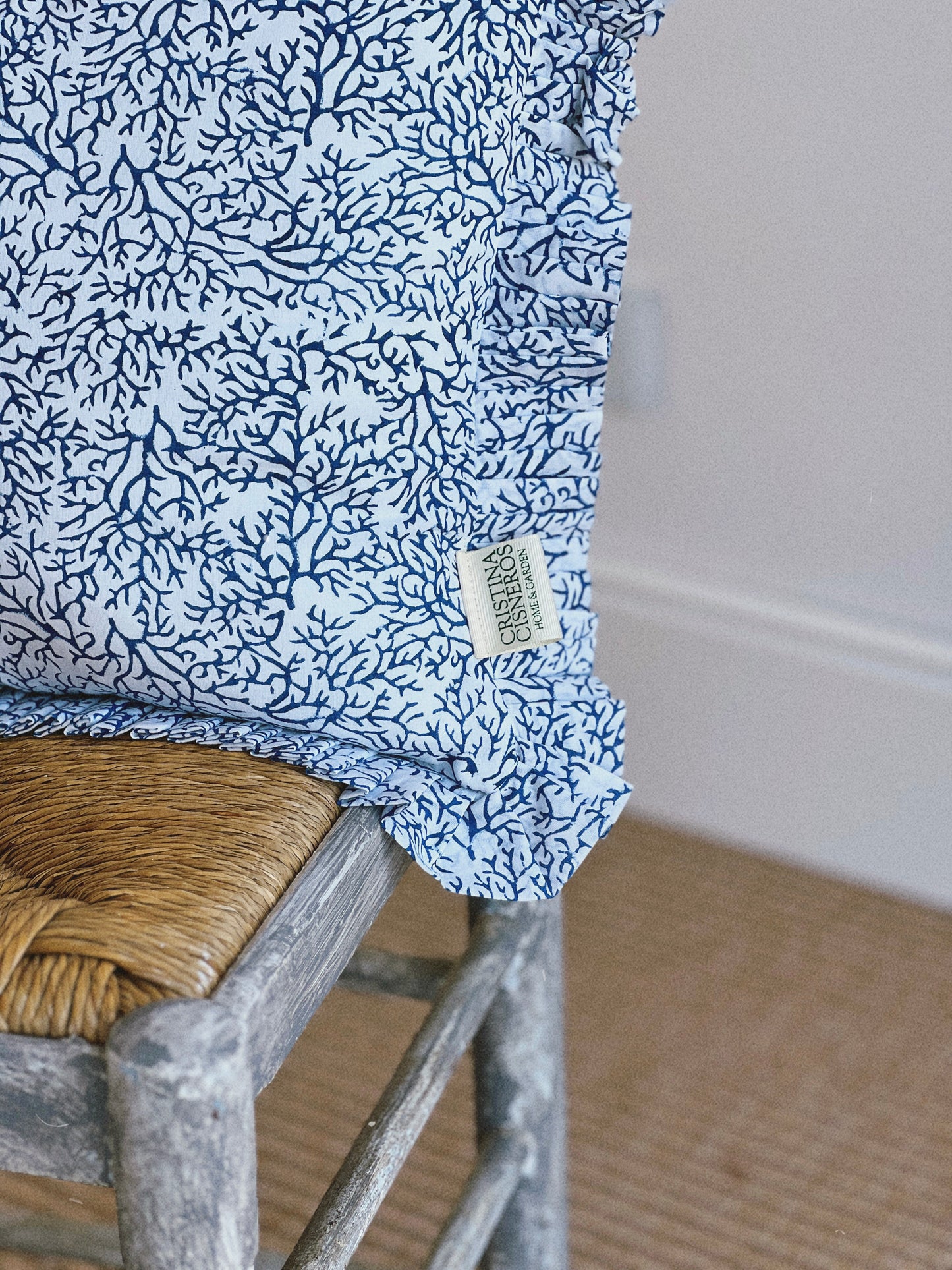 DARK BLUE FLORAL BLOCK PRINT RUFFLE CUSHION