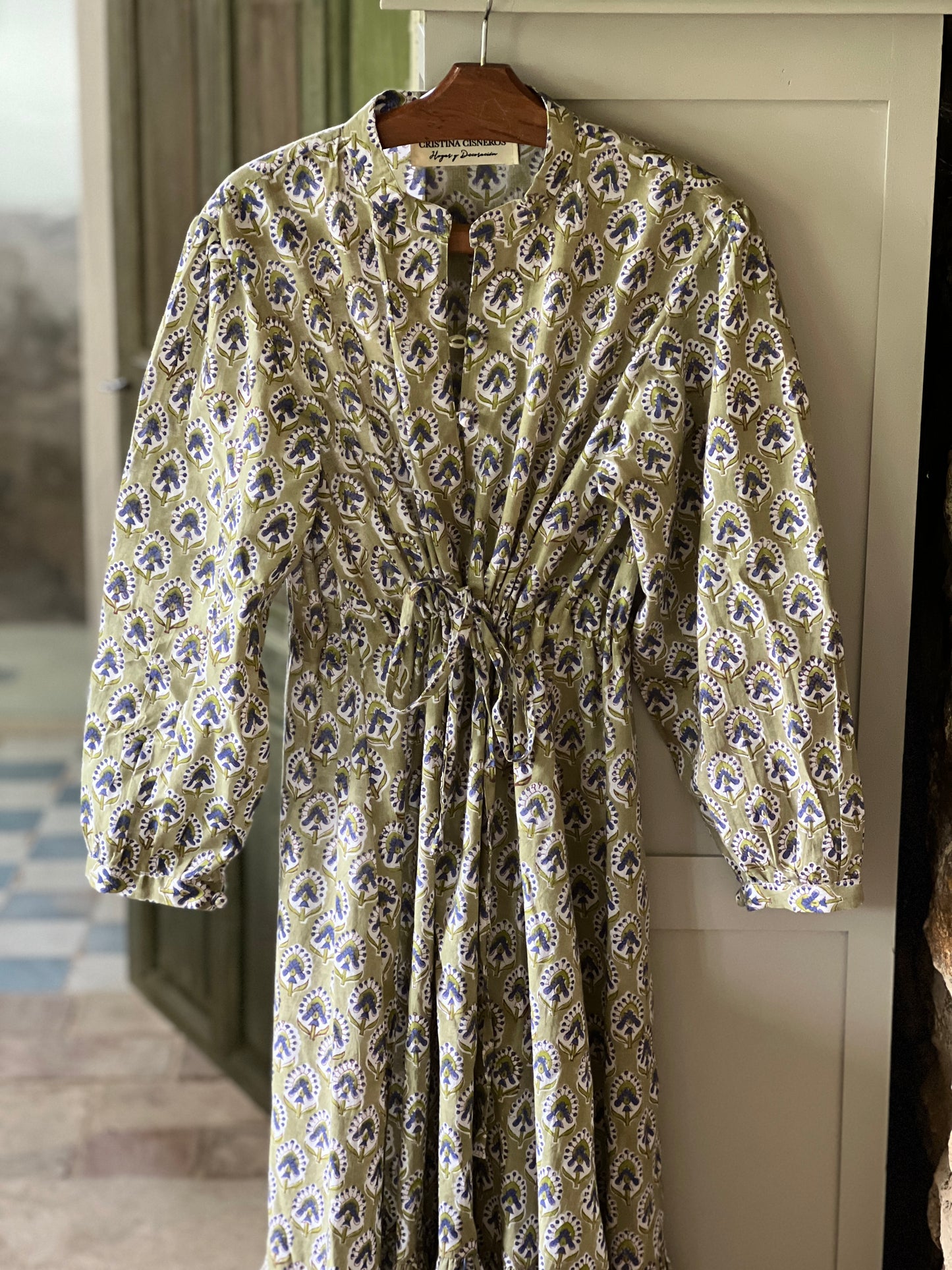 LONG FLORAL BLOCK PRINT GREEN DRESS