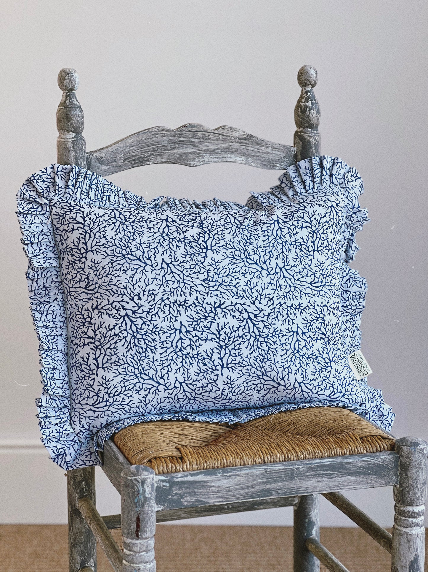 DARK BLUE FLORAL BLOCK PRINT RUFFLE CUSHION