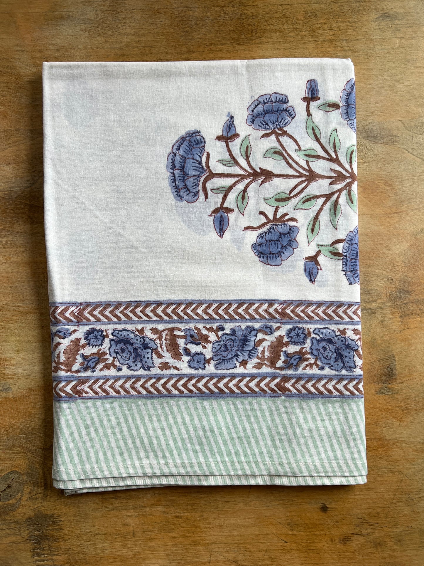 FLORAL TABLECLOTH BLOCK PRINT WHITE SKY BLUE