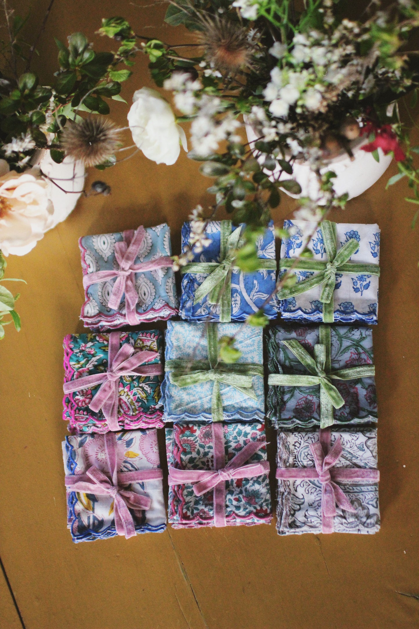 SET OF 2 COTTON BLOCK PRINT NAPKINS WITH PINK BLUE WAVE SCALLOP