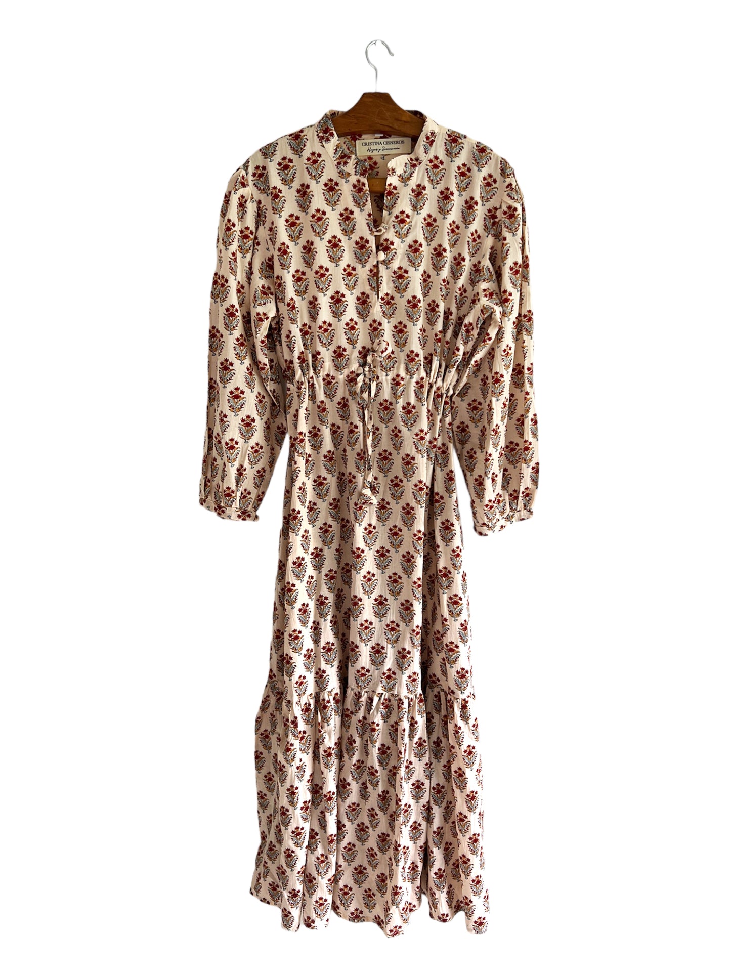 LONG FLORAL BLOCK PRINT BEIGE RED DRESS