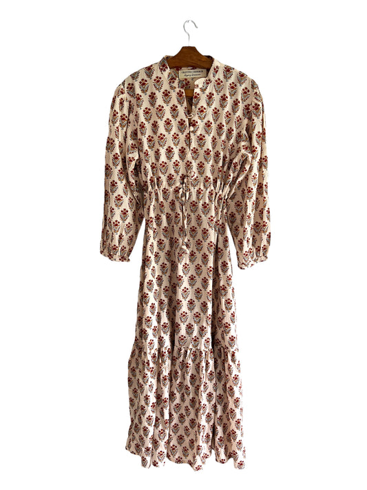 LONG FLORAL BLOCK PRINT BEIGE RED DRESS