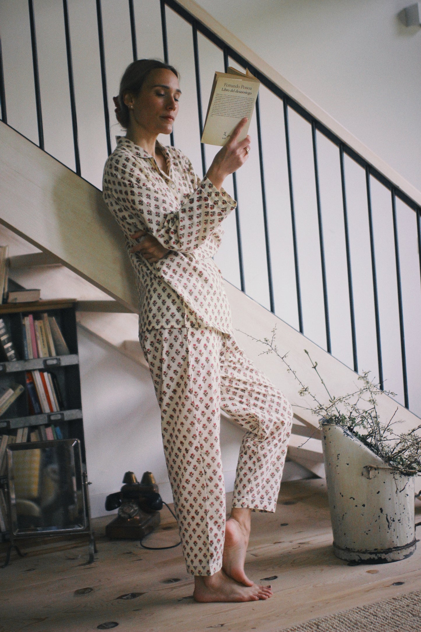 BLOCK PRINT LONG SLEEVE PAJAMAS BEIGE PINK