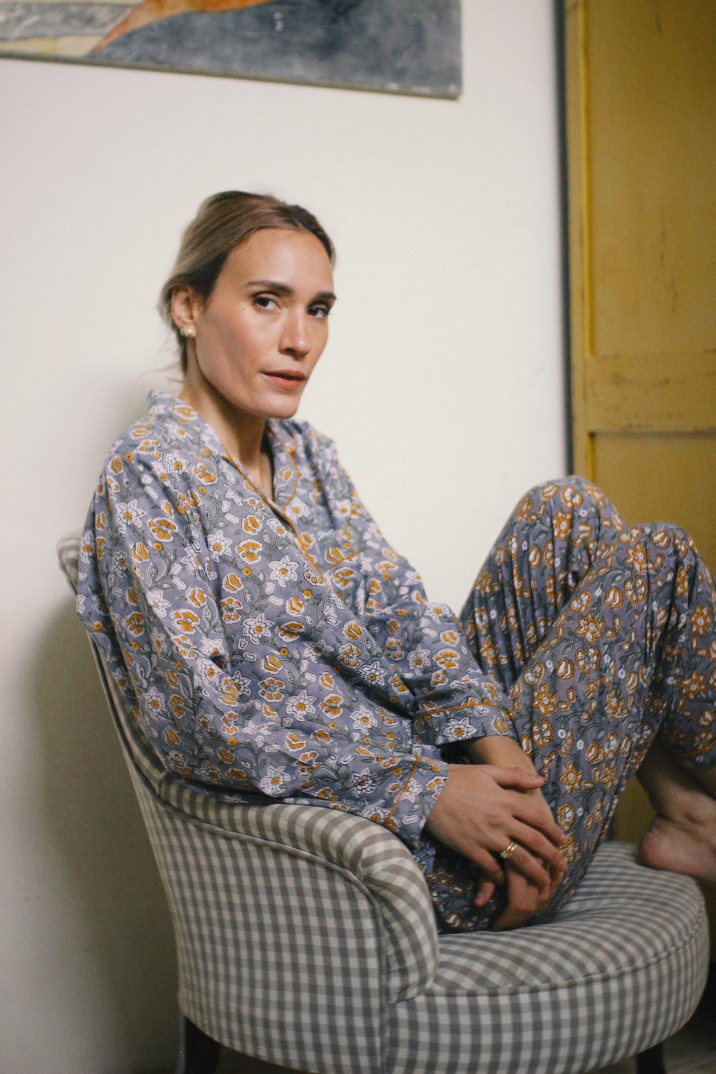 GRAY BLOCK PRINT LONG SLEEVE PAJAMAS