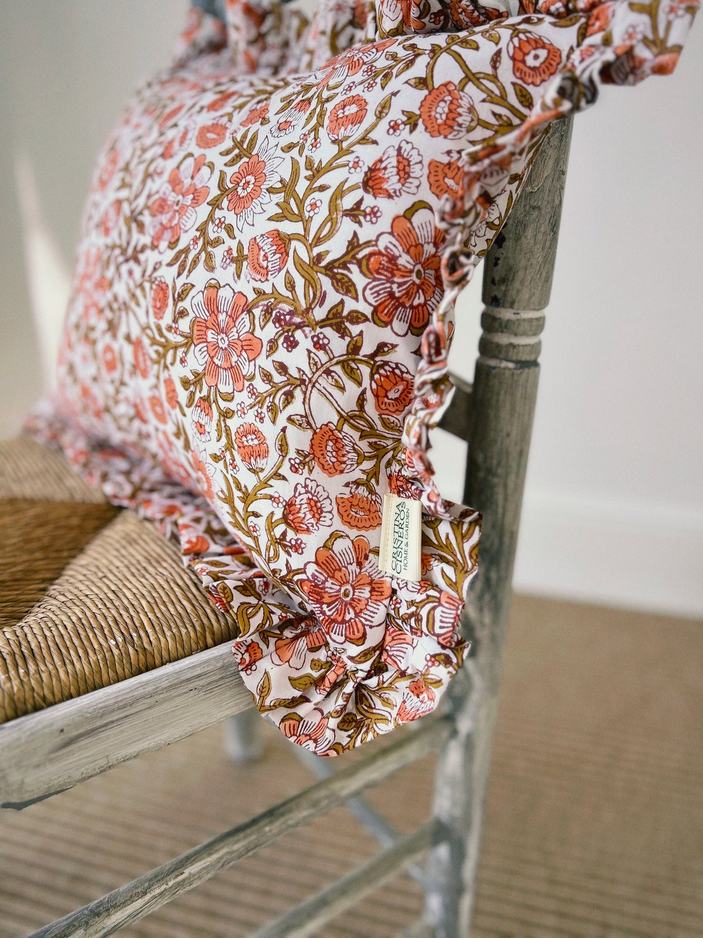 CORAL BRONZE FLORAL BLOCK PRINT RUFFLE CUSHION