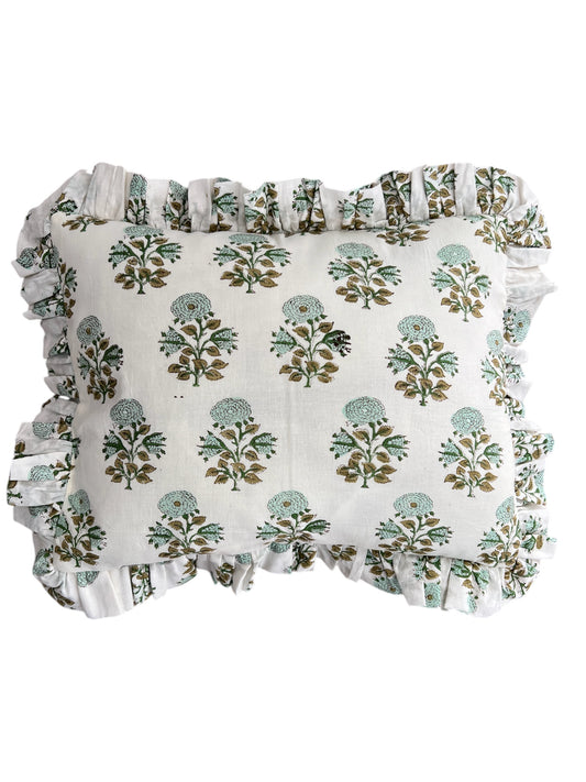 COJÍN VOLANTES BLOCK PRINT FLORAL VERDE BLANCO