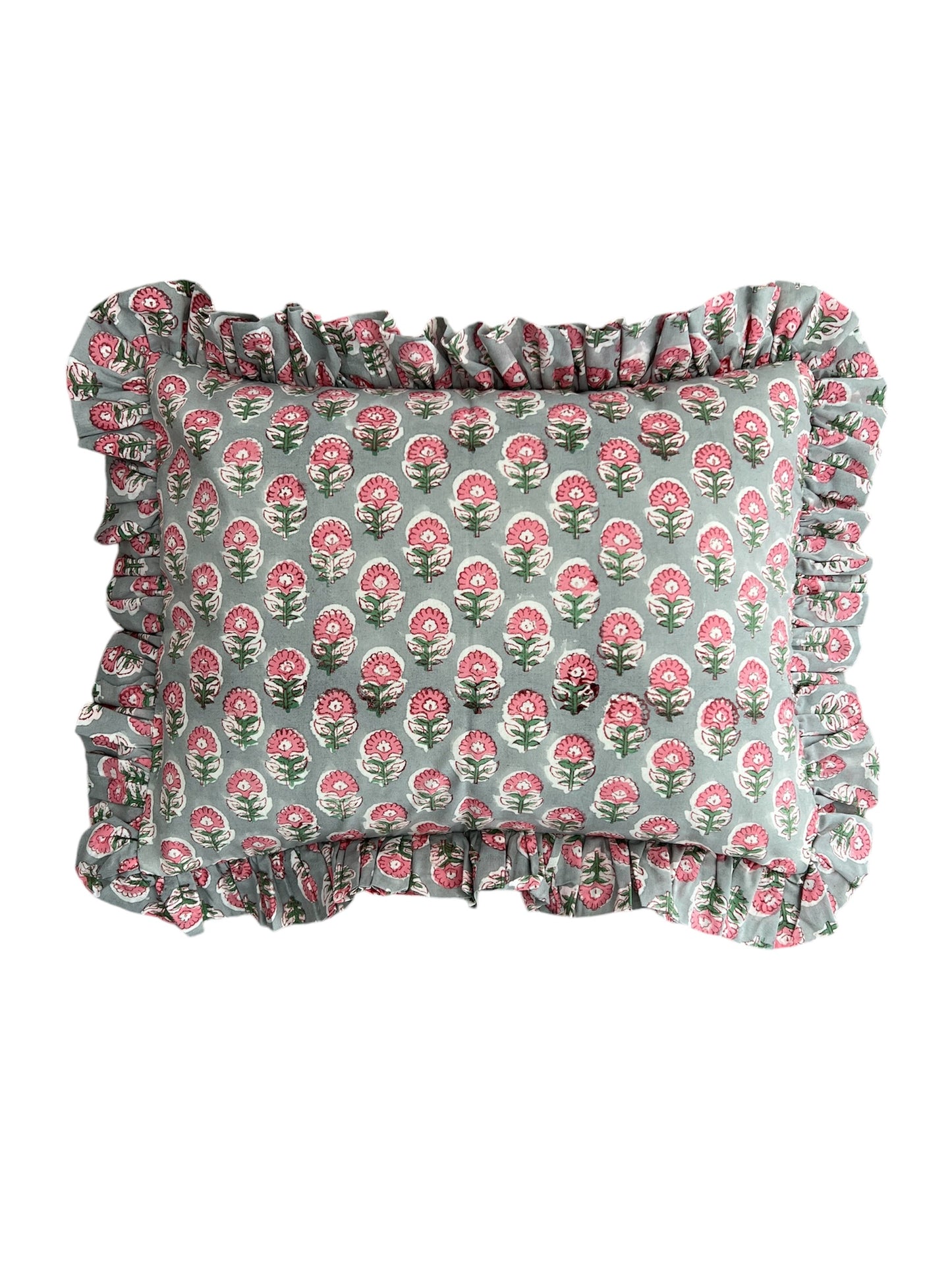RUFFLE CUSHION BLOCK PRINT FLORAL GREY PINK