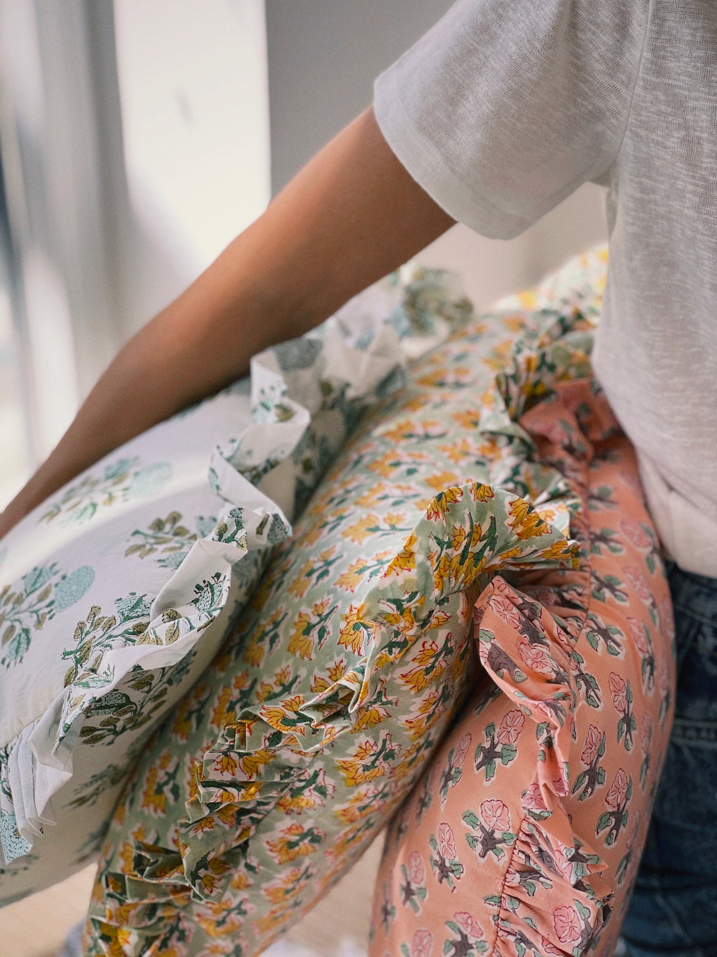 CUSHION RUFFLES BLOCK PRINT FLORAL GREEN YELLOW