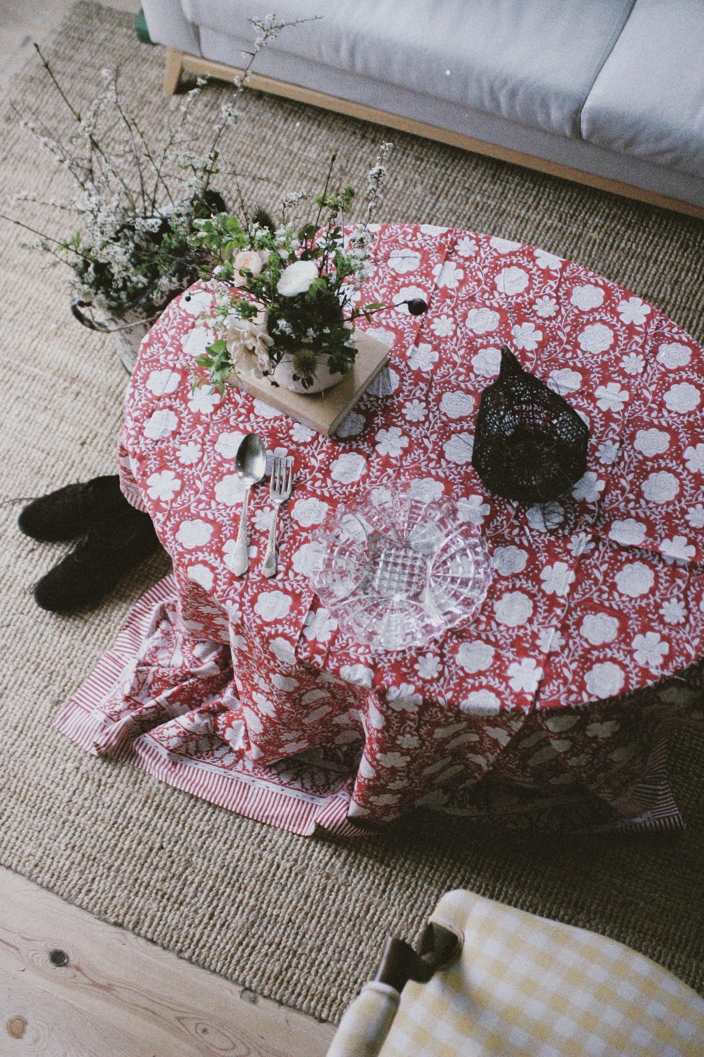 FLORAL BLOCK PRINT GARNET TABLECLOTH