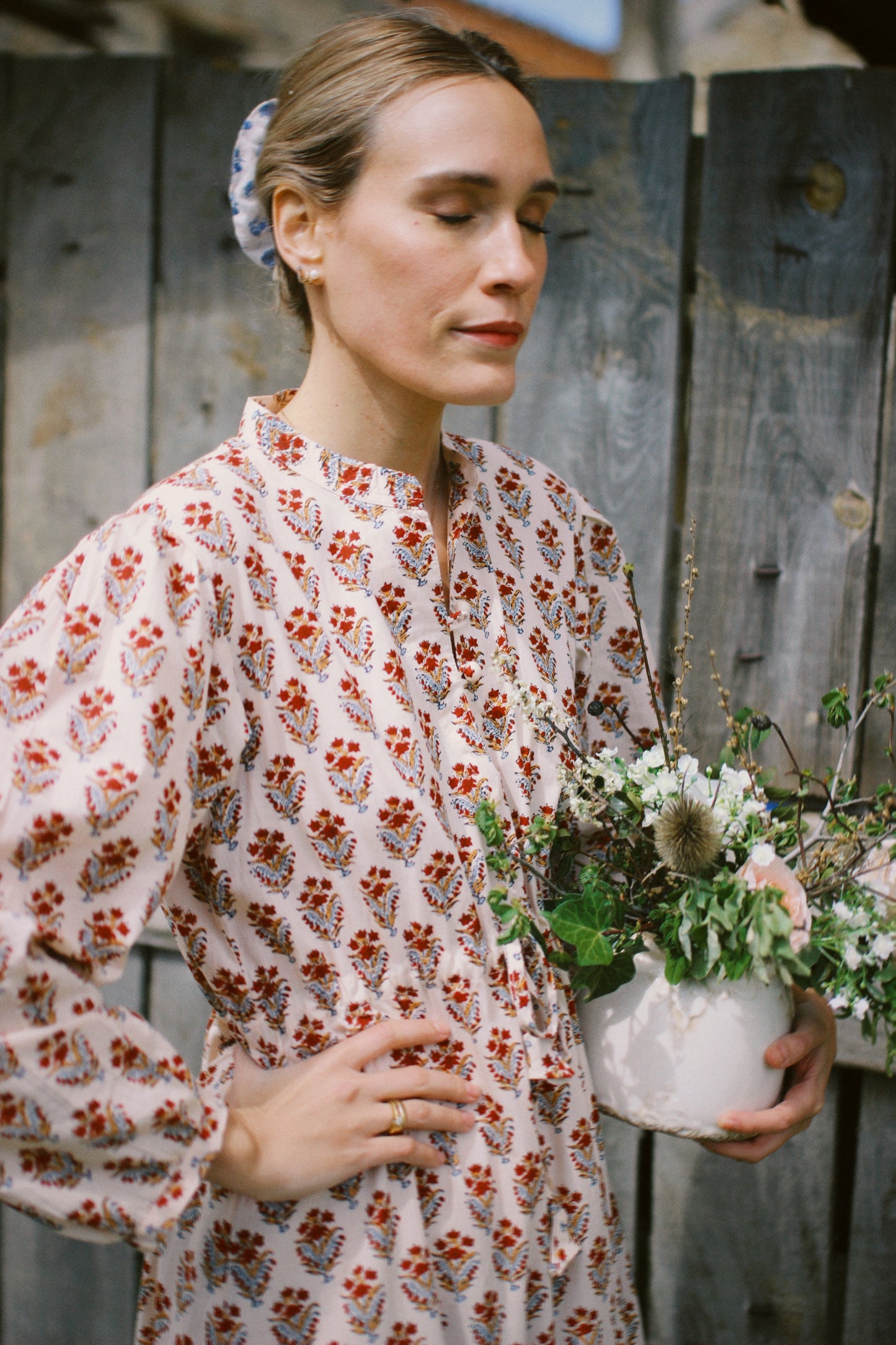 LONG FLORAL BLOCK PRINT BEIGE RED DRESS