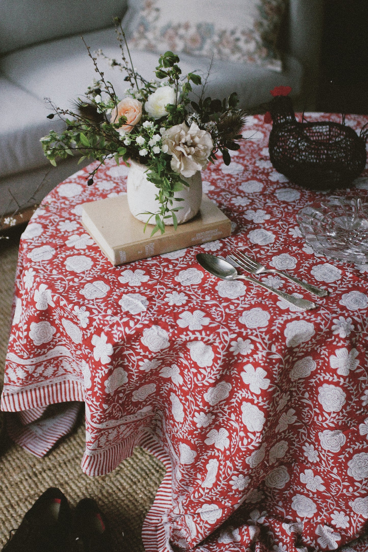 FLORAL BLOCK PRINT GARNET TABLECLOTH