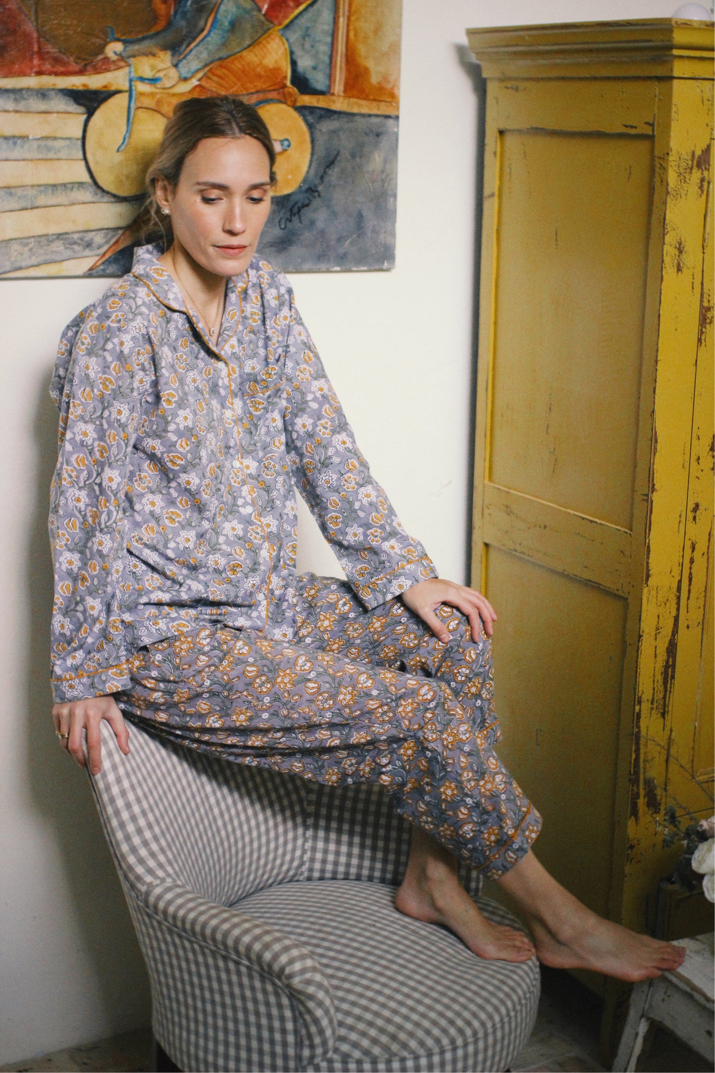 GRAY BLOCK PRINT LONG SLEEVE PAJAMAS