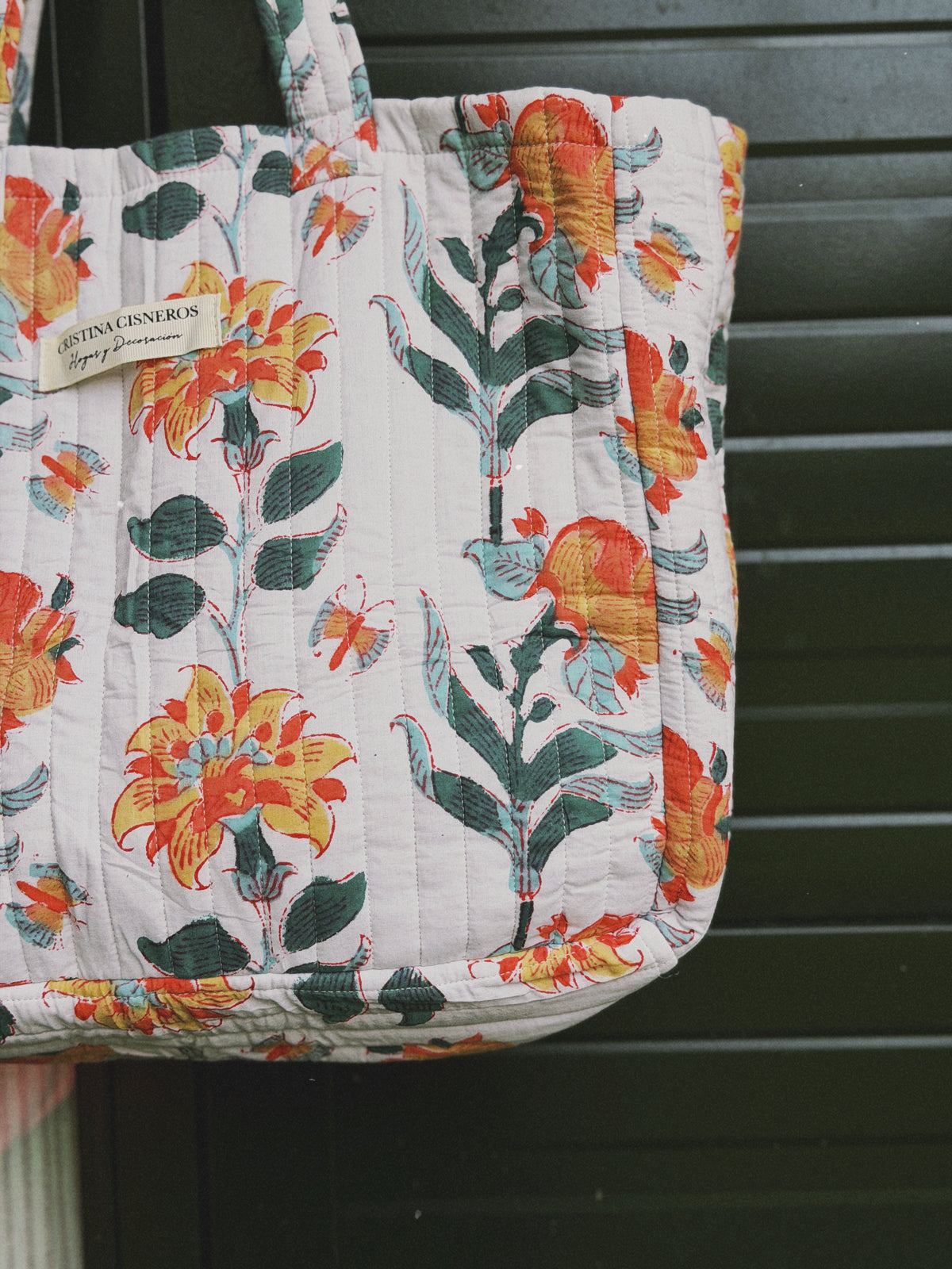 BOLSO BLOCK PRINT FLORAL VERDE NARANJA