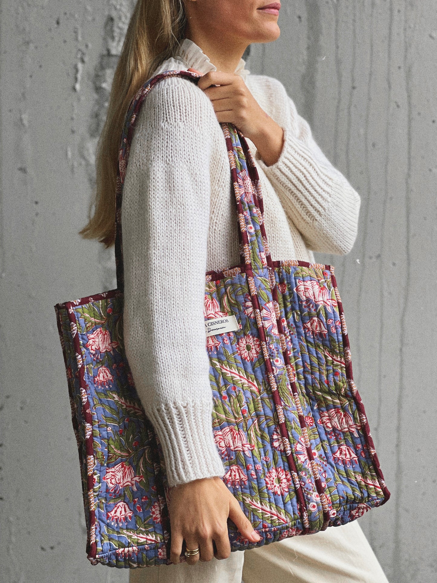 BOLSO BLOCK PRINT FLORAL GRIS ROJO