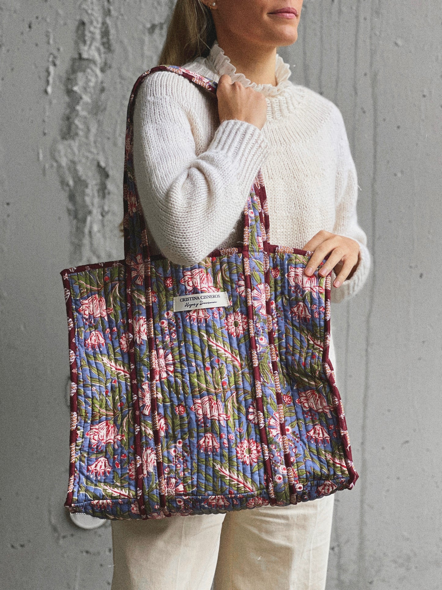 BOLSO BLOCK PRINT FLORAL GRIS ROJO