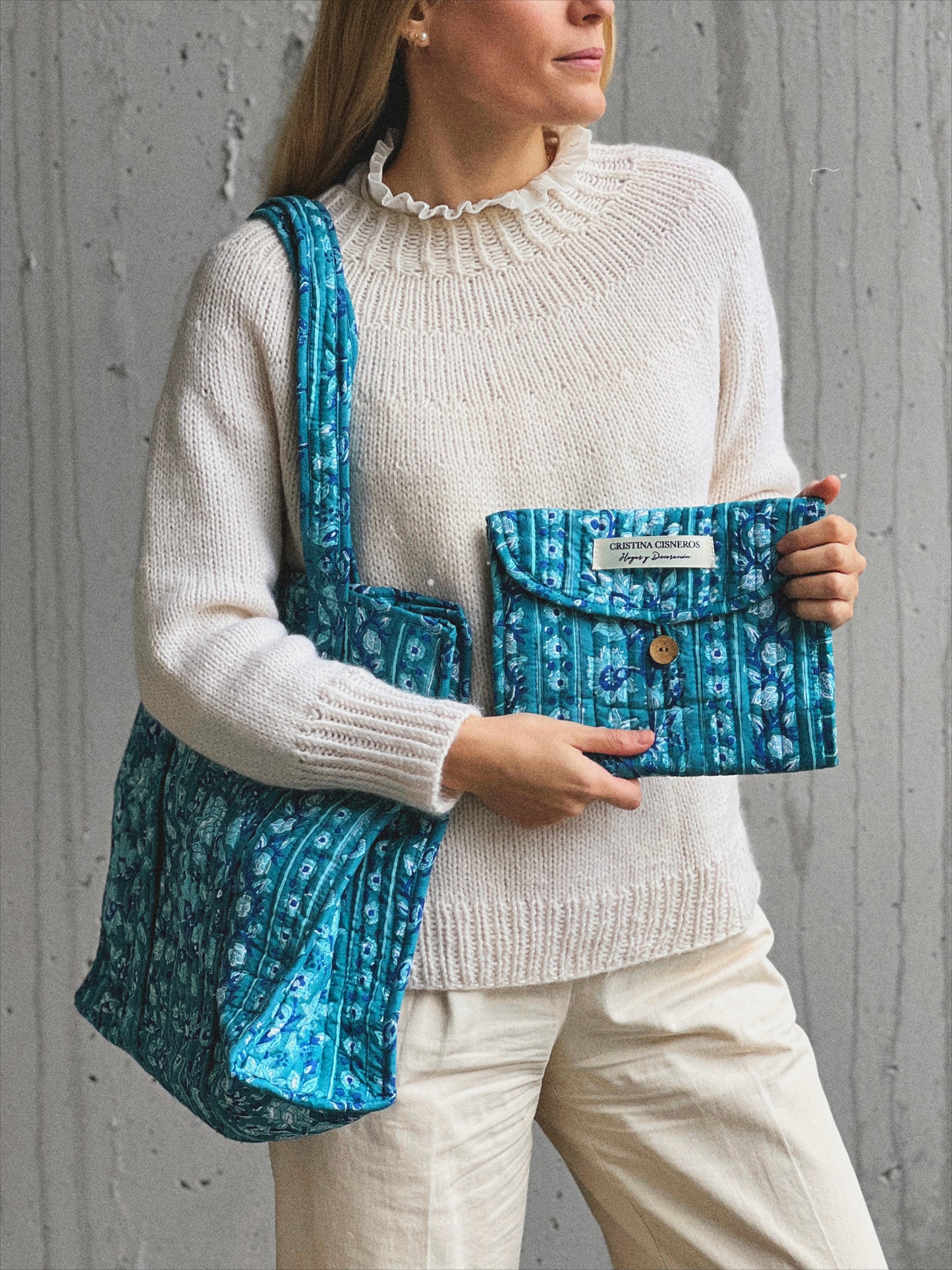 BOLSO PEQUEÑO BLOCK PRINT FLORAL AZUL AGUA