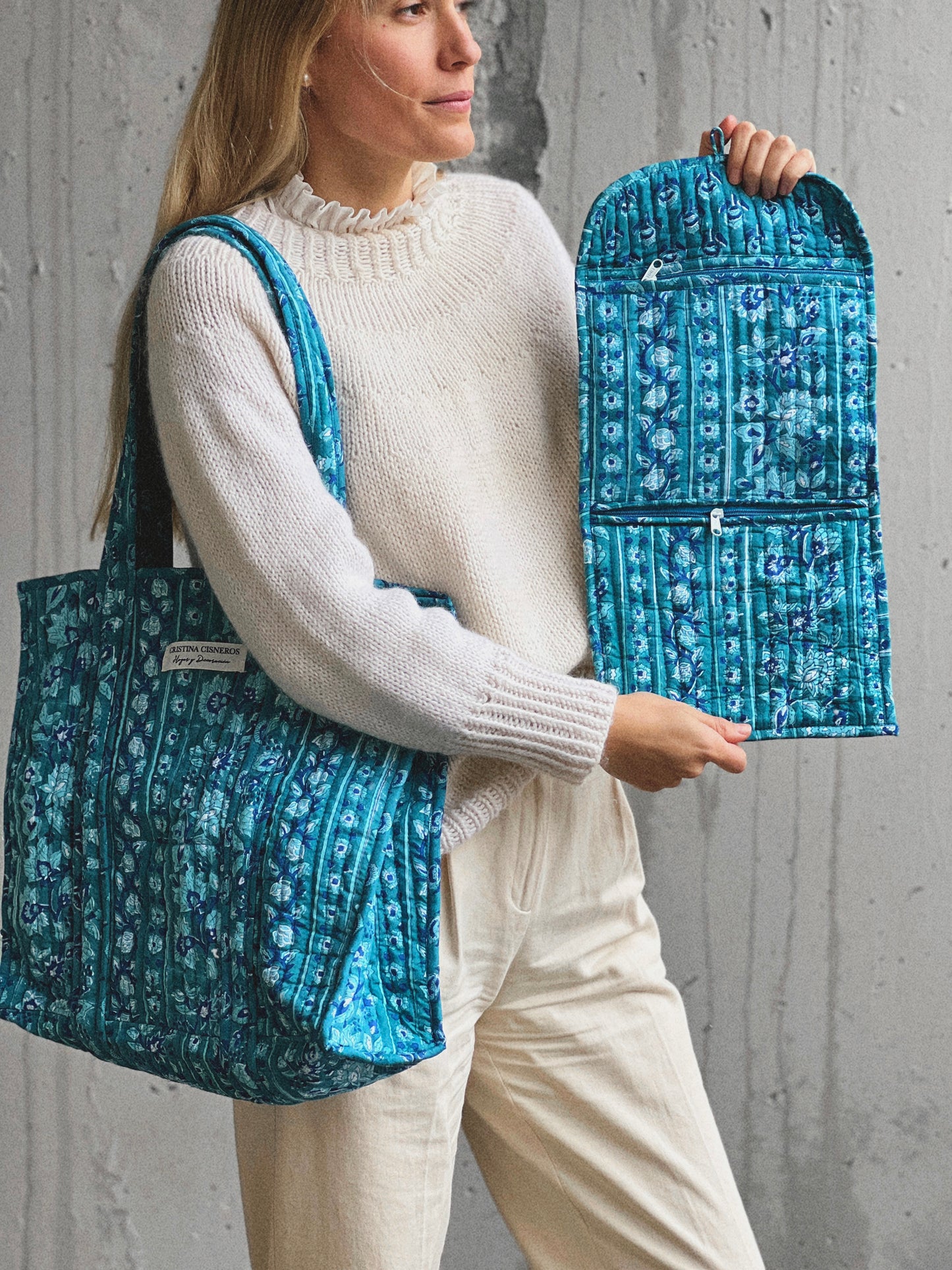 BOLSO PEQUEÑO BLOCK PRINT FLORAL AZUL AGUA