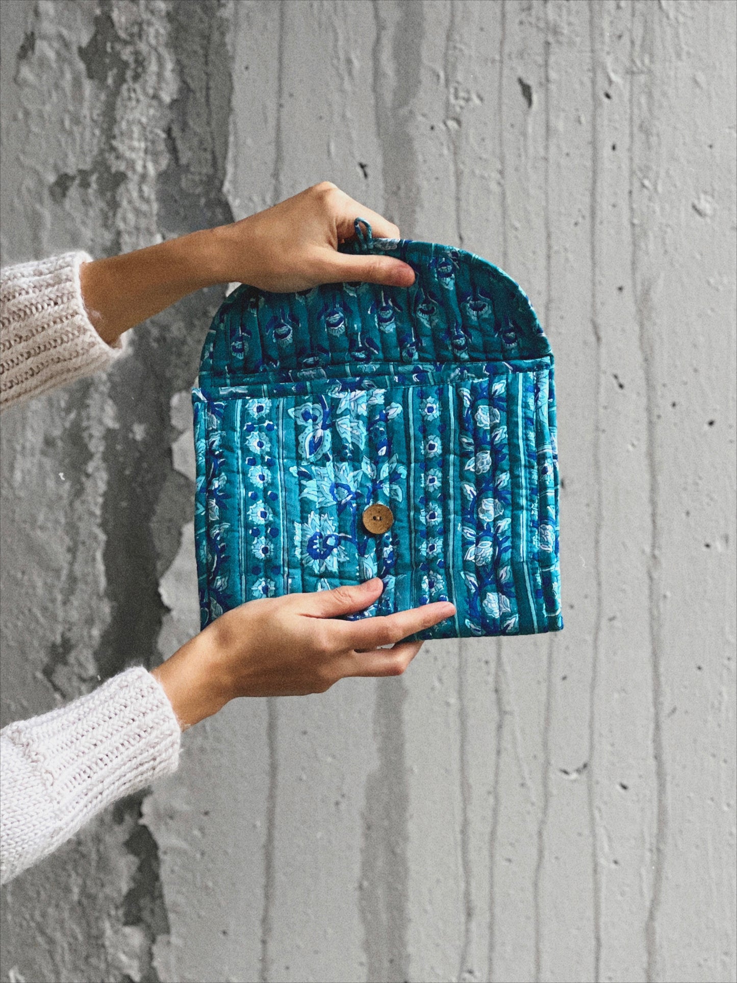 BOLSO PEQUEÑO BLOCK PRINT FLORAL AZUL AGUA