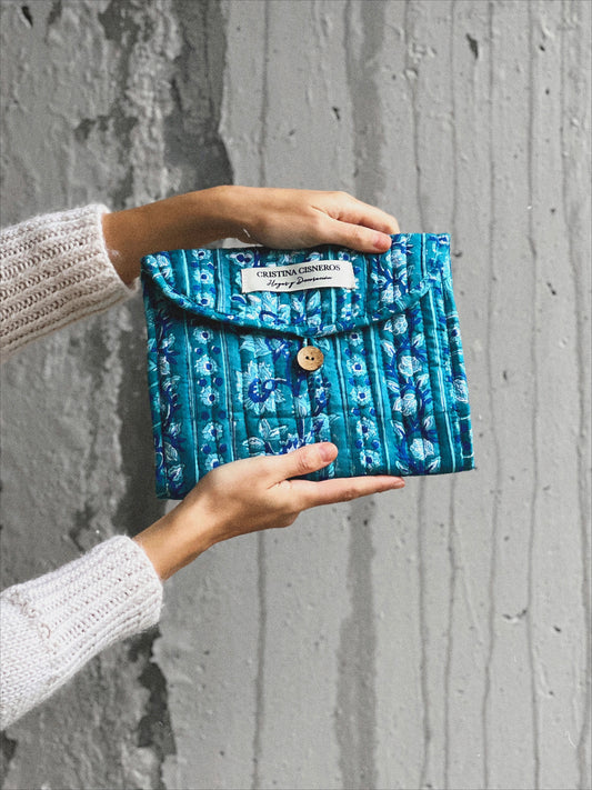SMALL AQUA BLUE FLORAL BLOCK PRINT BAG