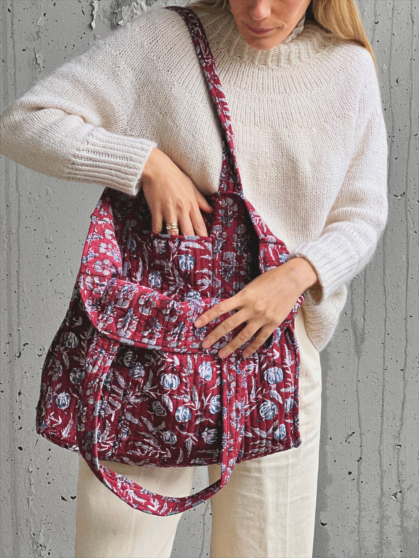 BOLSO BLOCK PRINT FLORAL BURDEOS