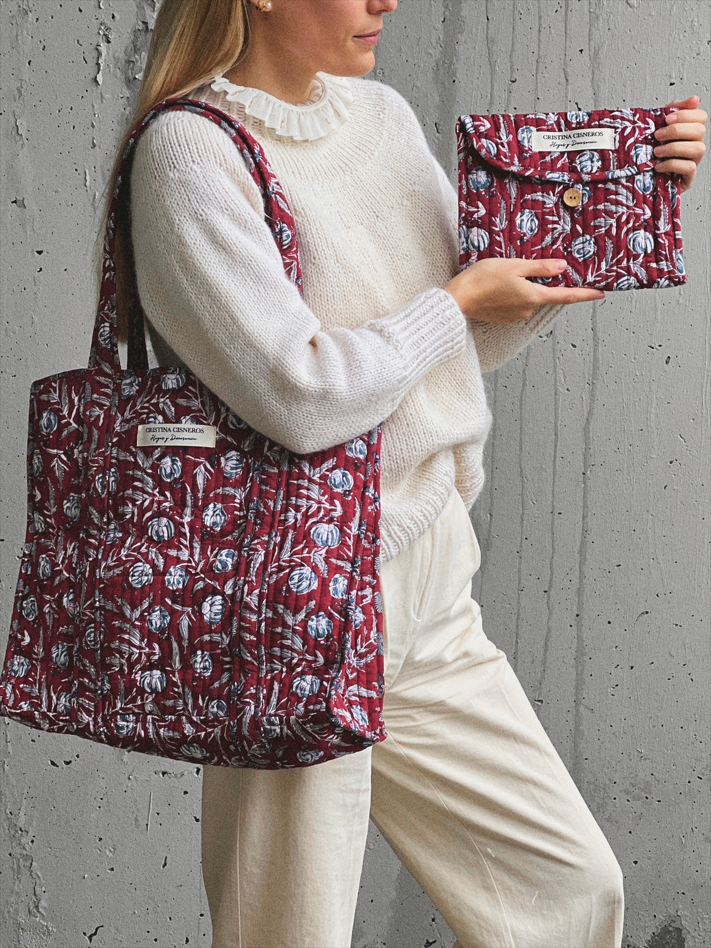 BOLSO BLOCK PRINT FLORAL BURDEOS