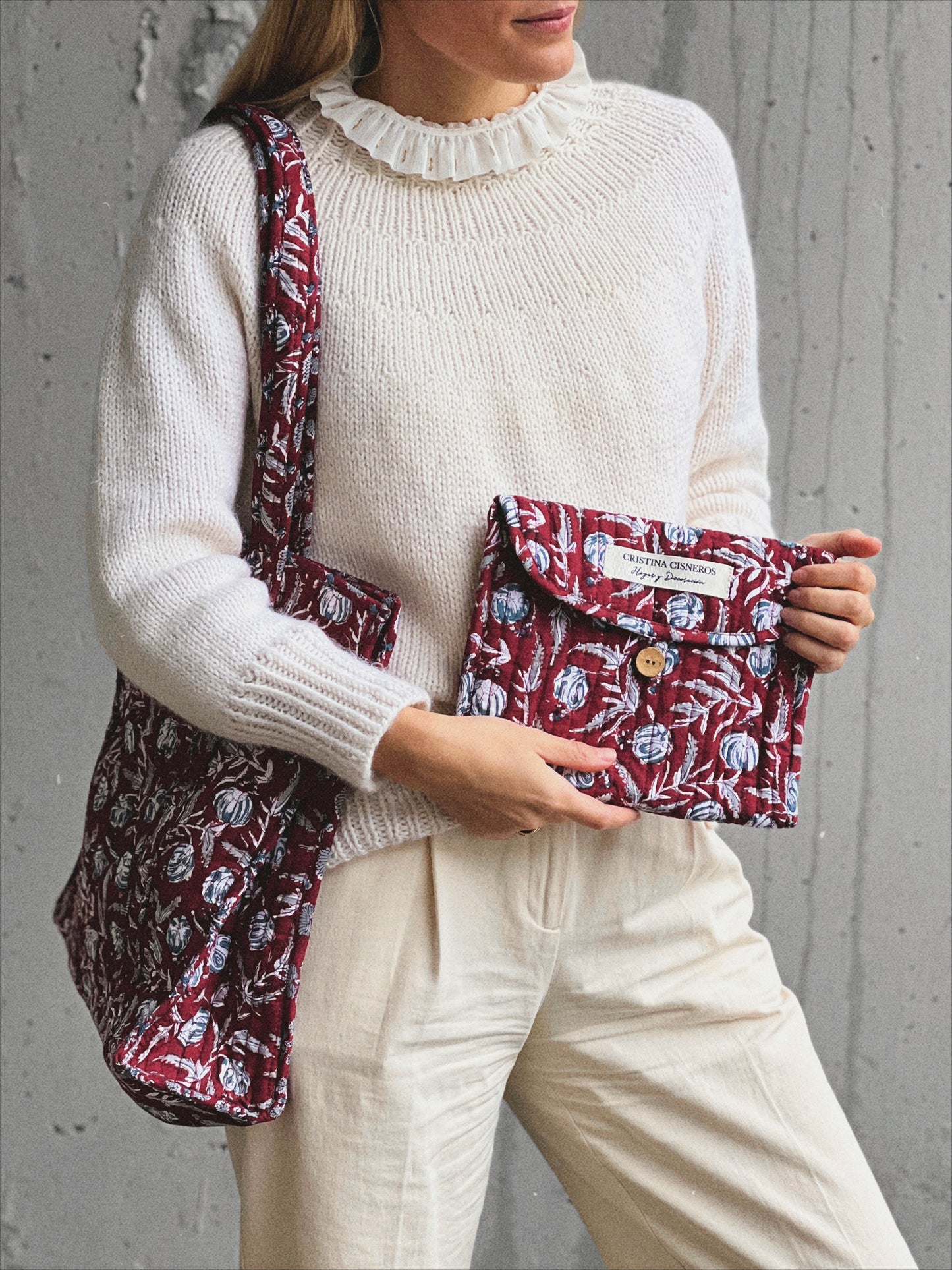 BOLSO PEQUEÑO BLOCK PRINT FLORAL BURDEOS