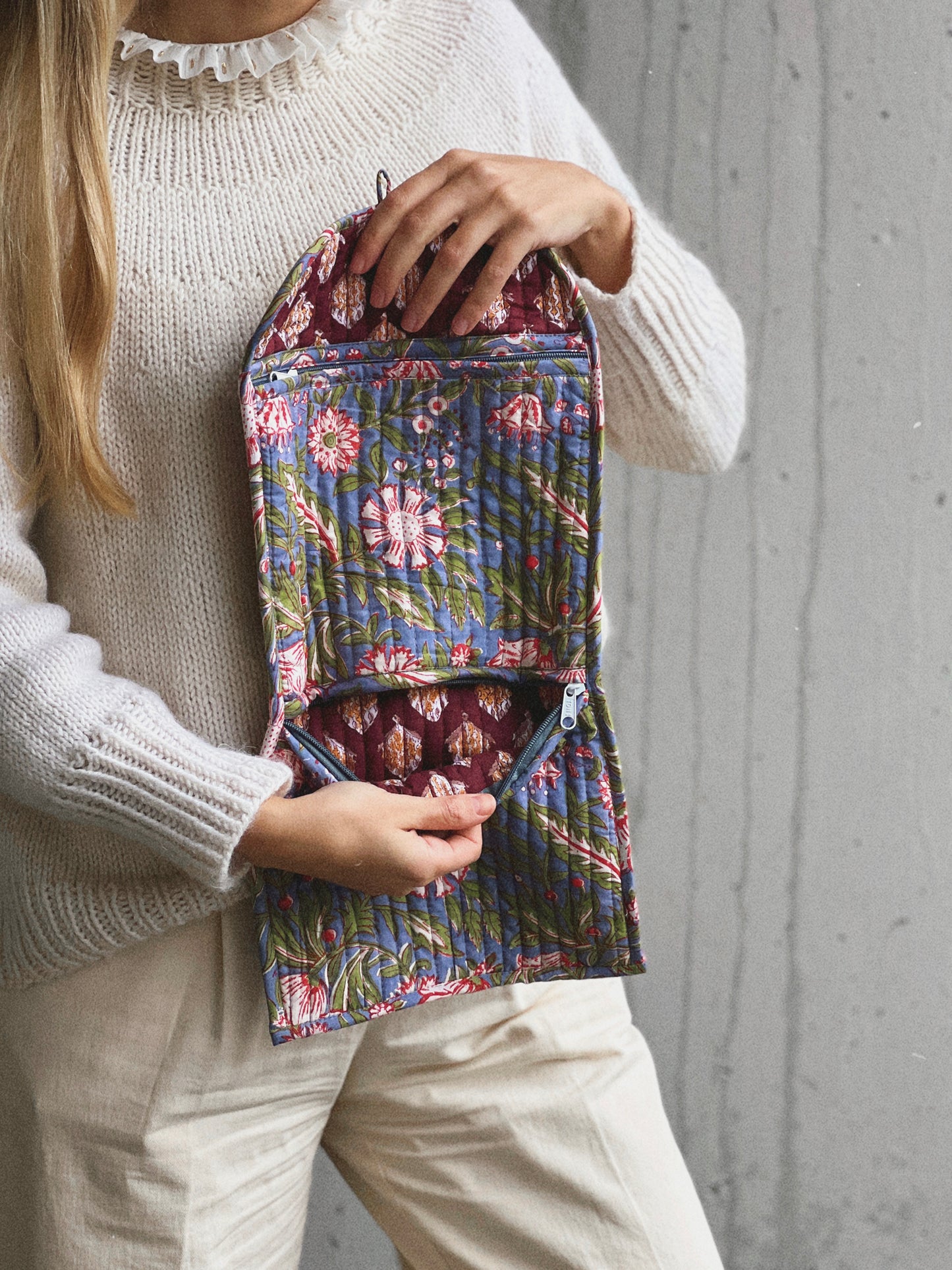 SMALL BLOCK PRINT FLORAL BAG GREY RED