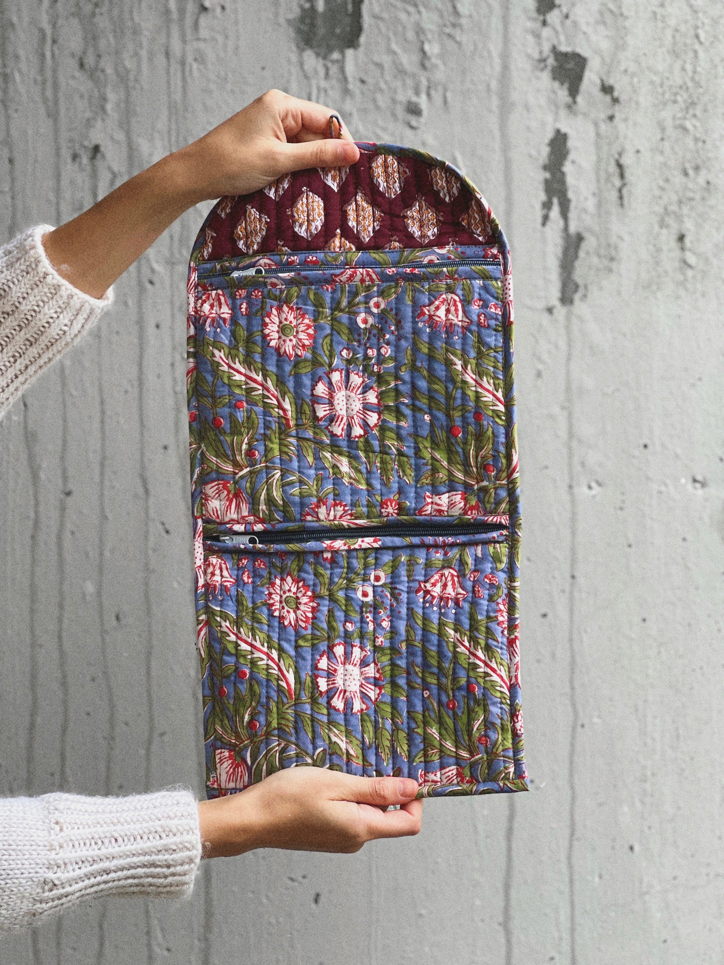 SMALL BLOCK PRINT FLORAL BAG GREY RED